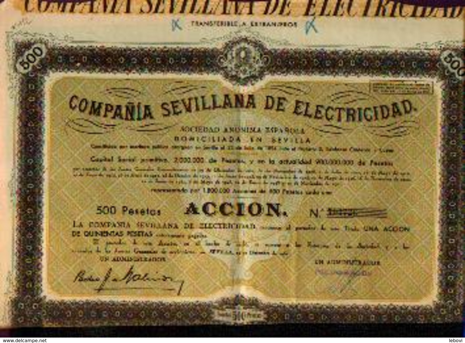 Compania Sevillana De Electricidad &ndash; Accion 500 Pesetas &ndash; Siège Social : SEVILLE - Electricité & Gaz