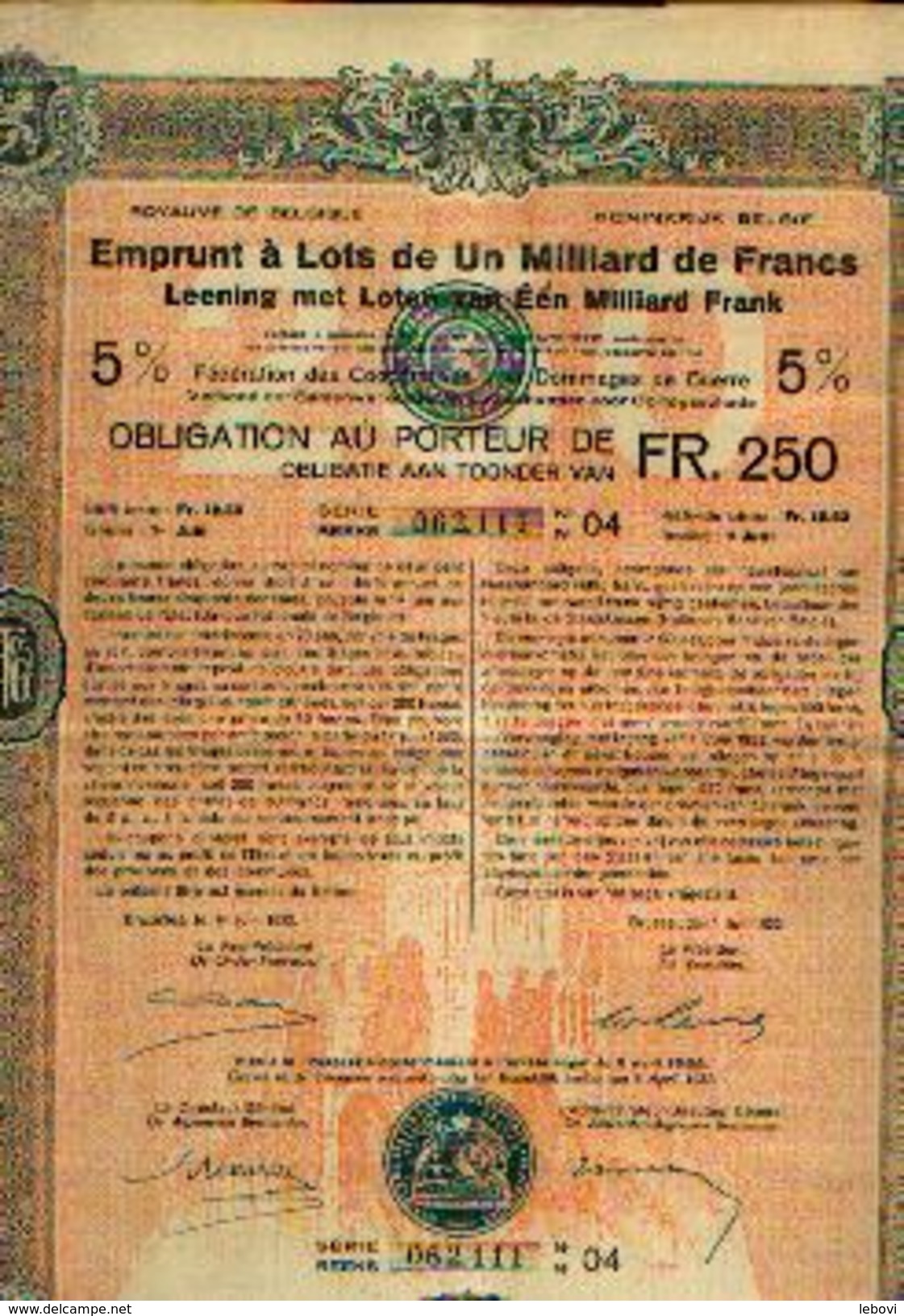 Emprunt à Lots De Un Milliard De Francs 5 % (1922) &ndash; Obligation De 250 Fr - Autres & Non Classés