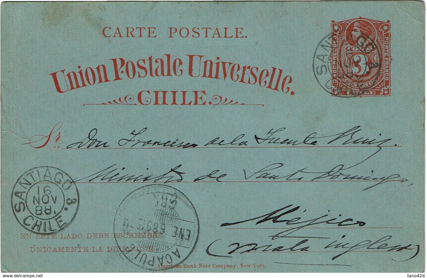 CTN49/1AM - CHILI CARTE POSTALE CIRCULEE DEPART NOVEMBRE 1888 ARRIVEE JANVIER 1889 - Chili