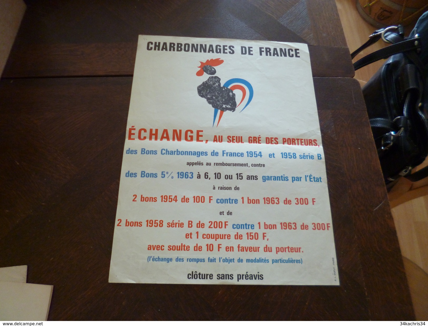 Affiche Original Charbonnages De France Illustrée Coq Actions échange Des Bons Vers 1963 39.5 X 40 - Afiches