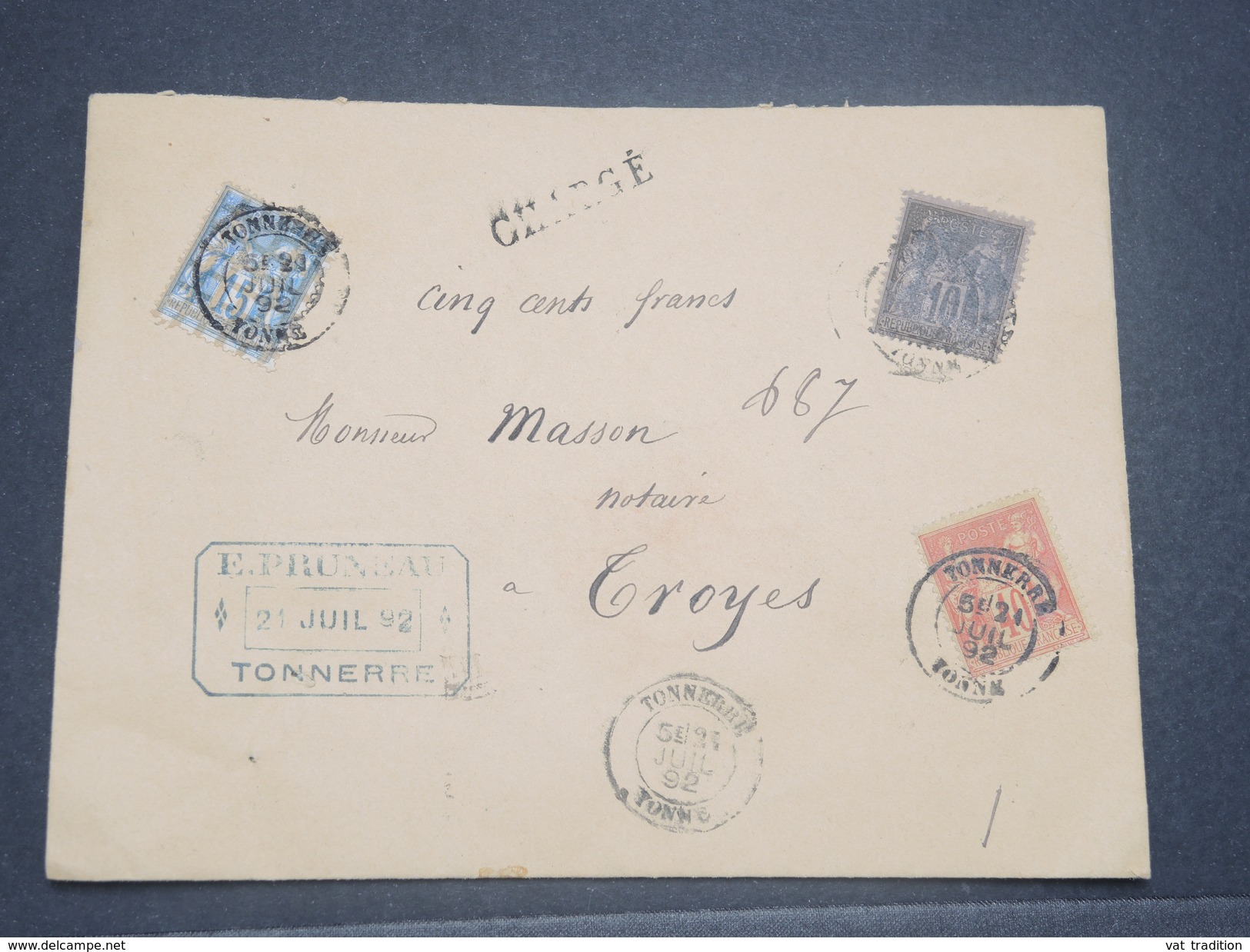 FRANCE - Enveloppe Commerciale En Chargé De Tonnerre Pour Troyes En 1892 , Affranchissement Sages Tricolore - L 8349 - 1877-1920: Période Semi Moderne