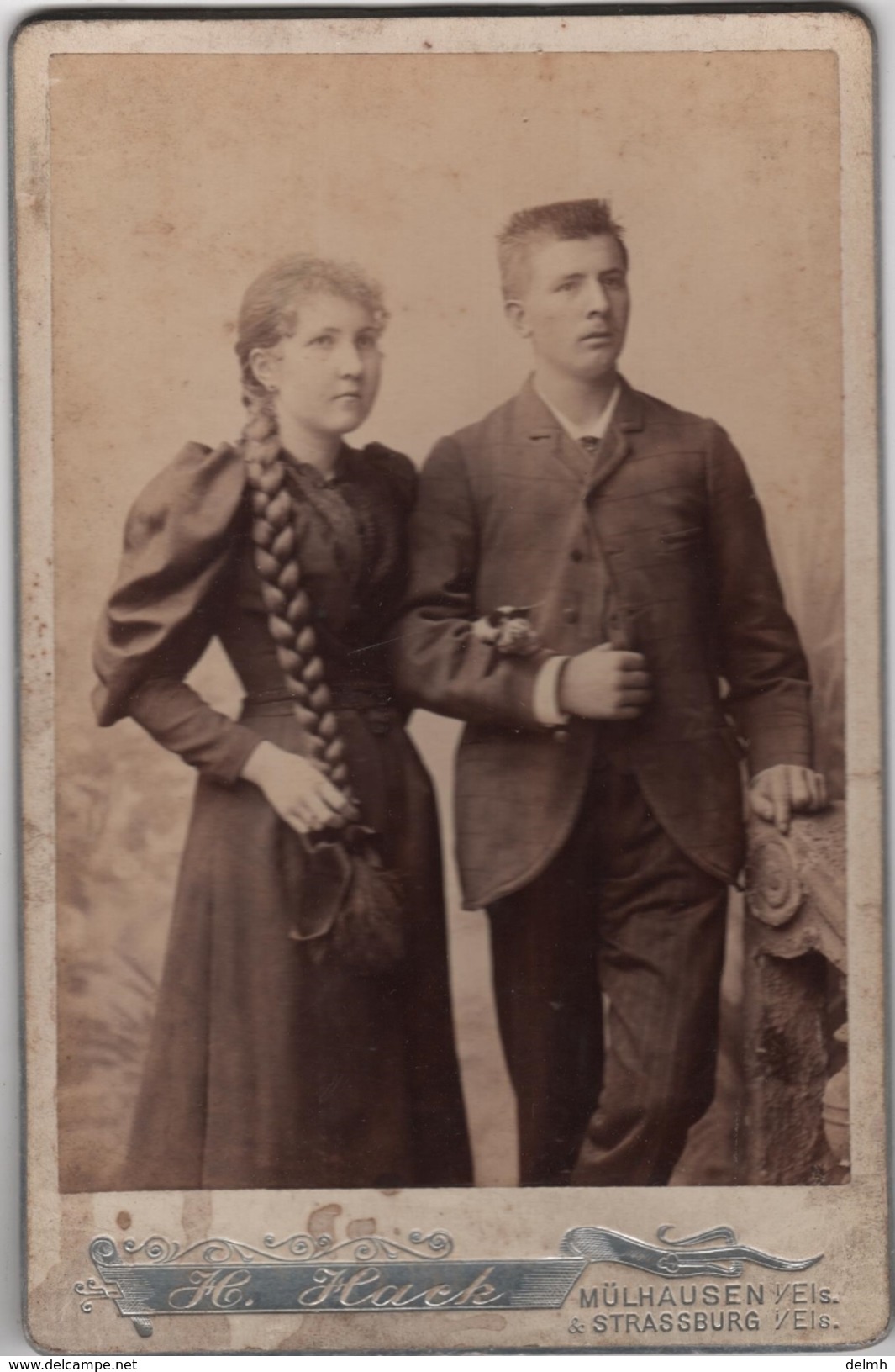 Photo Originale De Cabinet XIX ème Couple Femme Belle Tresse Longs Cheveux Par Hack Strasbourg Mulhouse - Old (before 1900)