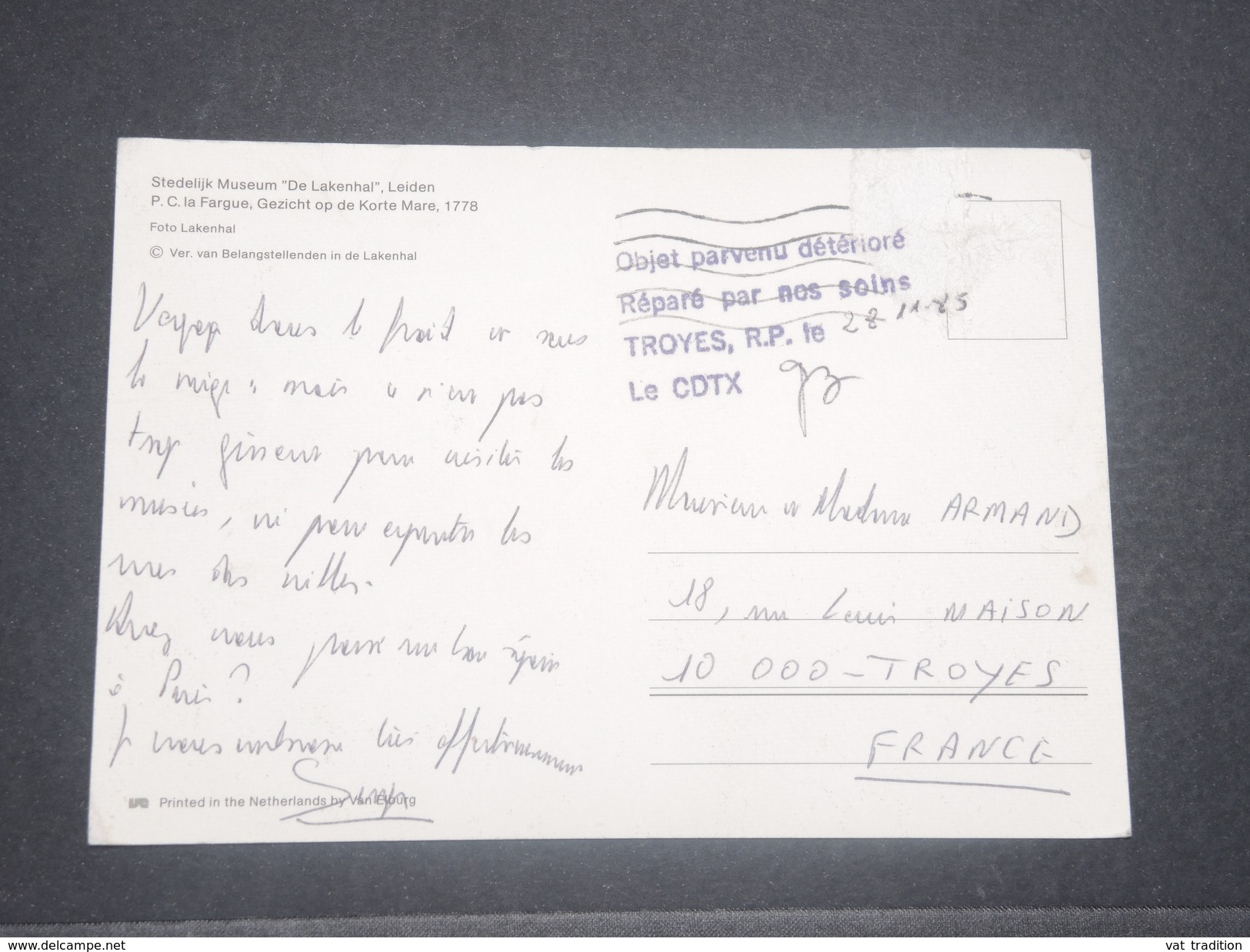 FRANCE - Griffe " Objet Parvenu Détorié , Réparé Par Nos Soins " De Troyes En 1985 Sur Carte Postale - L 8375 - Lettres Accidentées