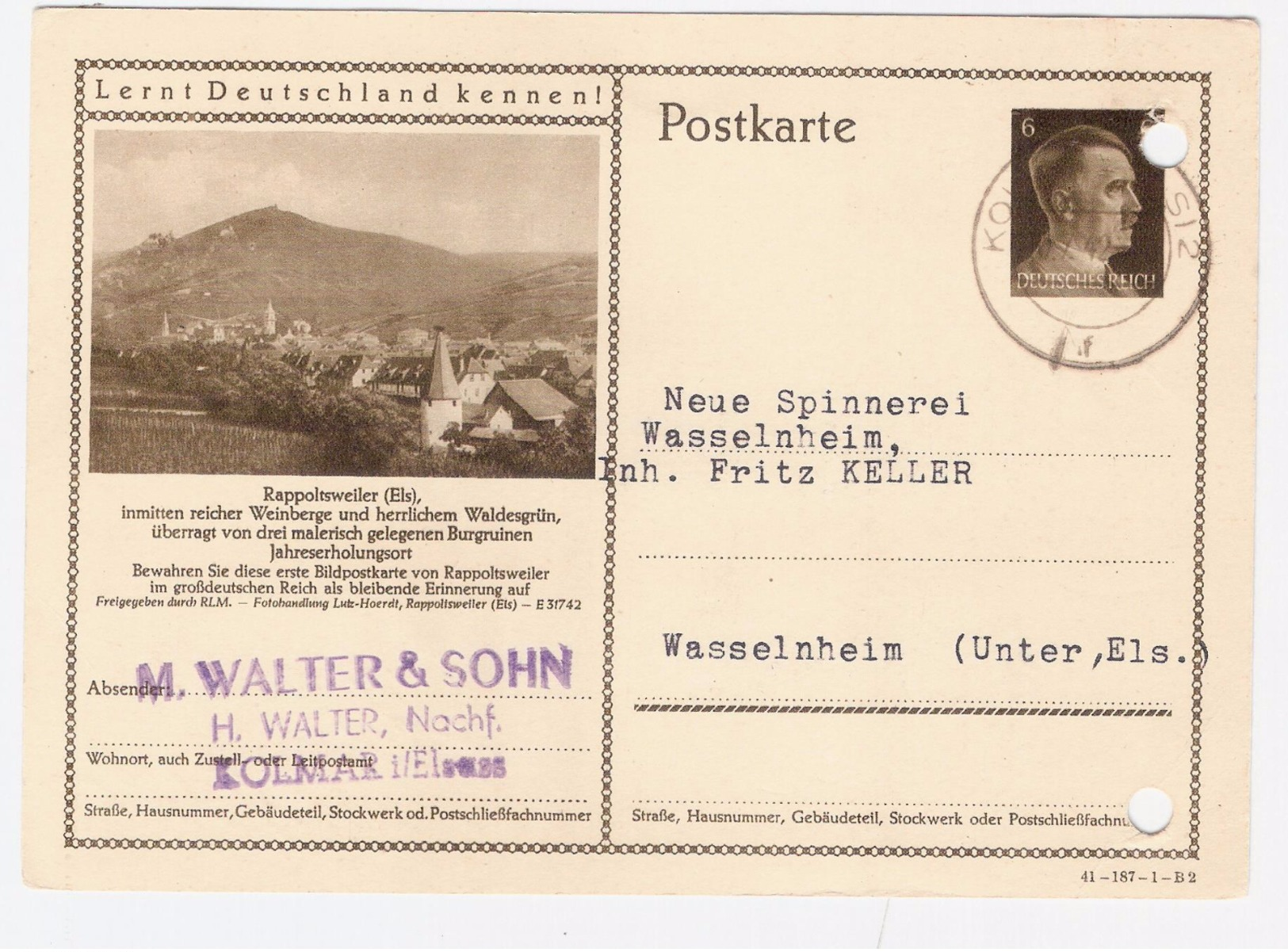 1942  Postkarte  HITLER  6  Sur Entier Postal Illustré LERNT DEUTSCHLAND KENNEN !  RAPPOLSWEILER   ELS    Voir 2 Scan - Autres & Non Classés