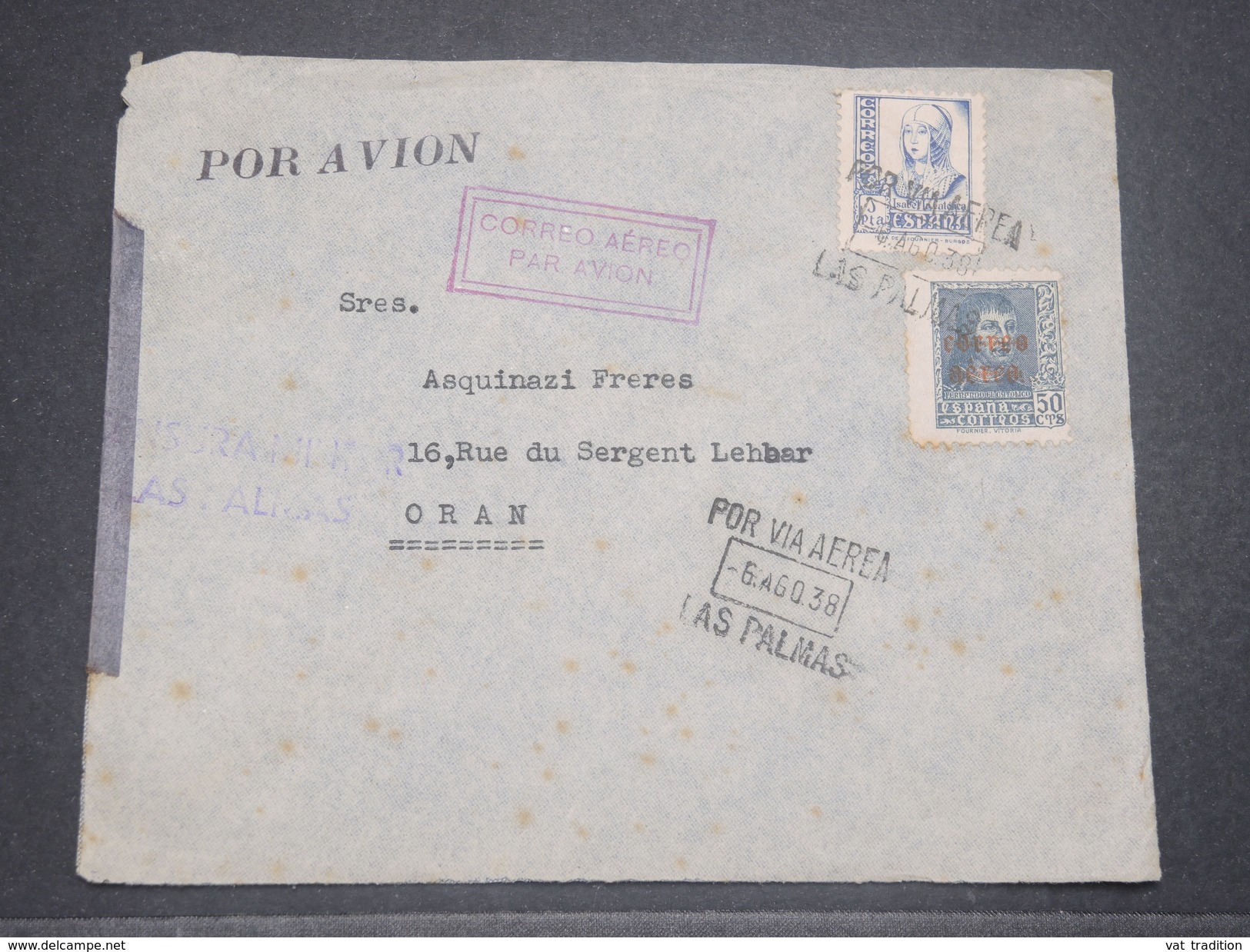 ESPAGNE - Enveloppe De Las Palma Par Avion Pour Oran En 1938 Avec Censure , Affranchissement Plaisant - L 8384 - Republicans Censor Marks