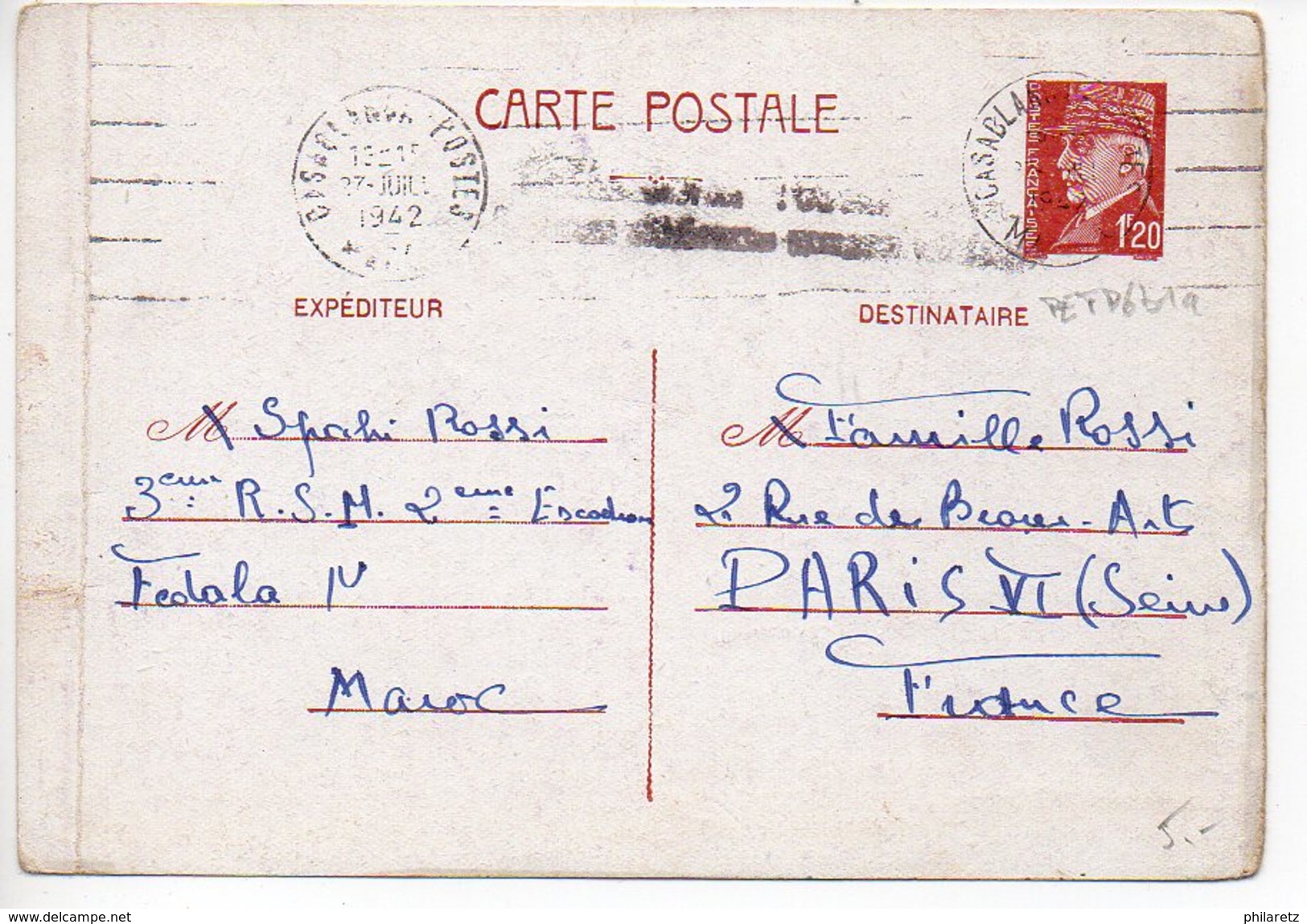 Entier Postal Carte 1f20 Pétain - Provenance Du Maroc Avec Griffe De Casablanca Postes Avion Et CaD De Casablanca - Cartes Postales Types Et TSC (avant 1995)