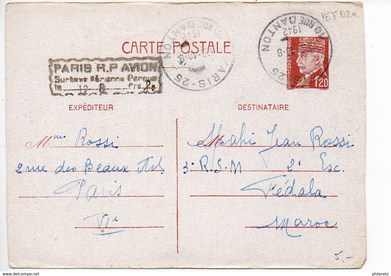 Entier Postal Carte 1f20 Pétain - Cachet De Surtaxe Aérienne De Paris à 0f80 Pour Le Maroc - Cartes Postales Types Et TSC (avant 1995)