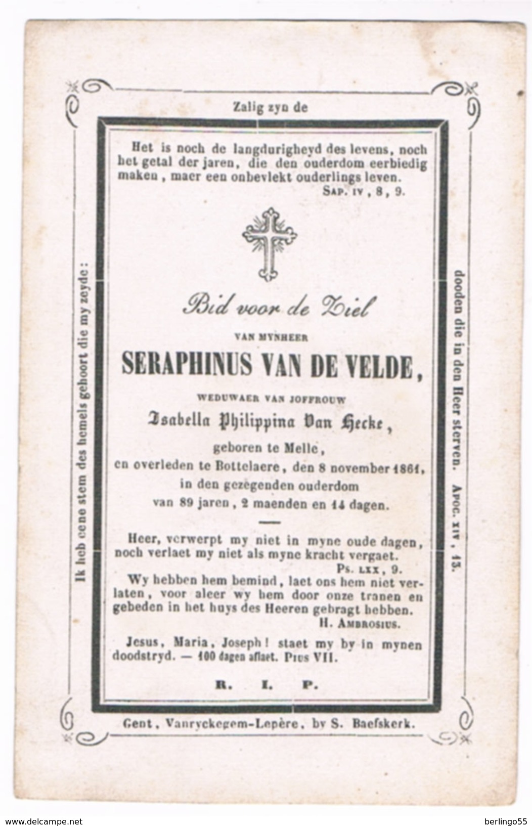 Dp. Van De Velde Seraphinus. Wed. Van Hecke Isabella. ° Melle 1771 &dagger; Bottelaere 1861  (2 Scan's) - Religion & Esotérisme