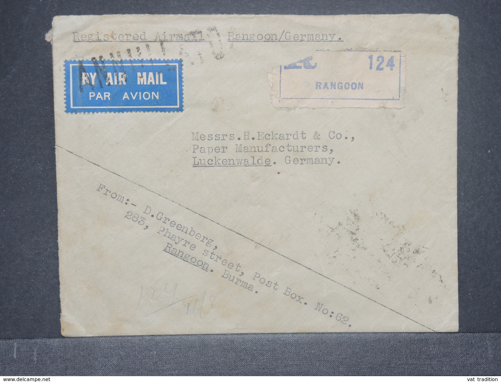 INDES ANGLAISE- Enveloppe En Recommandé De Rangoon Pour L 'Allemagne En 1933 , Affr. Incomplet Au Verso - L 8404 - 1911-35 King George V
