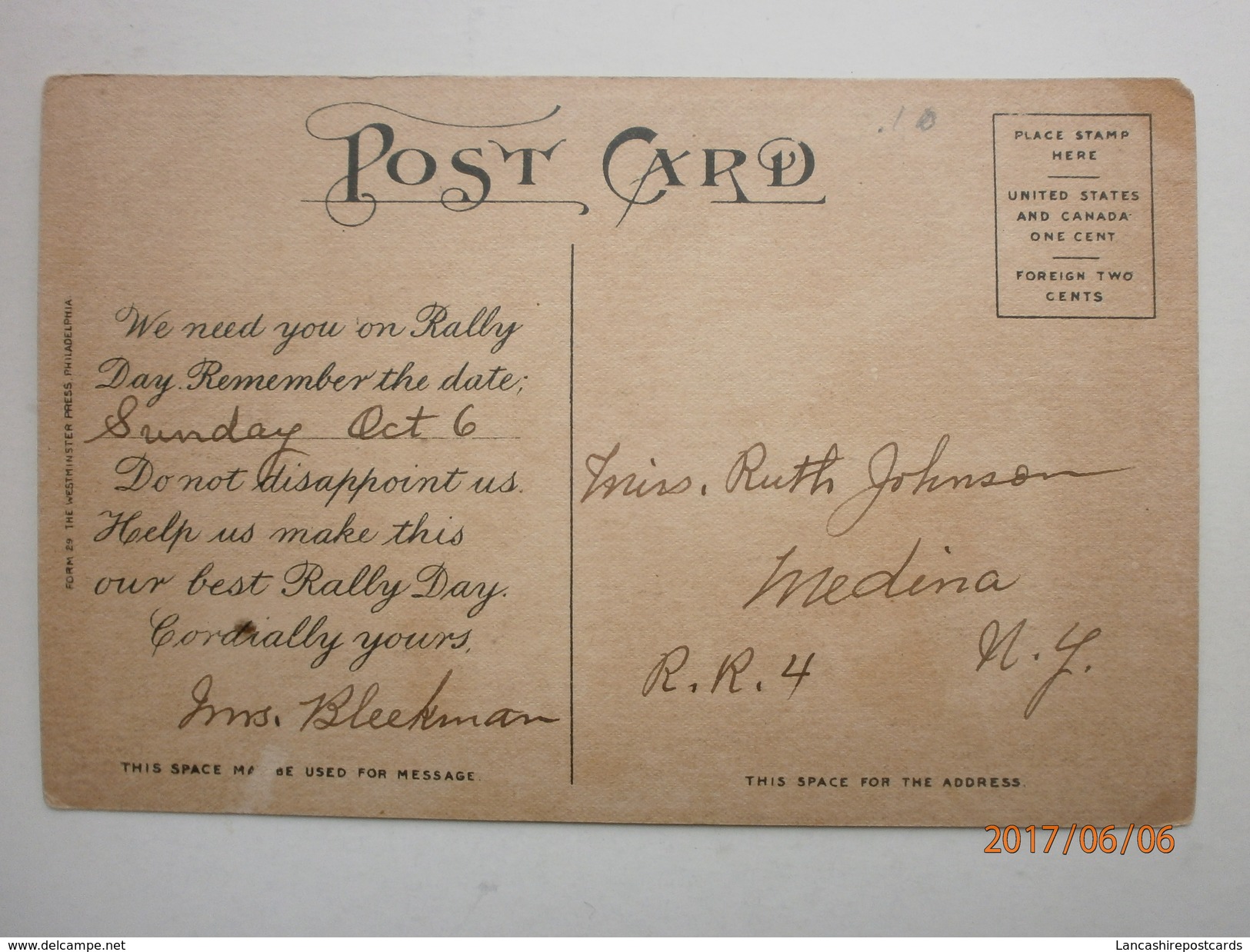 Postcard Genealogy Rally Day Invite Mrs Bleekman Phildelphia ? To Miss Ruth Johnson Medina New York My Ref B11297 - Genealogy