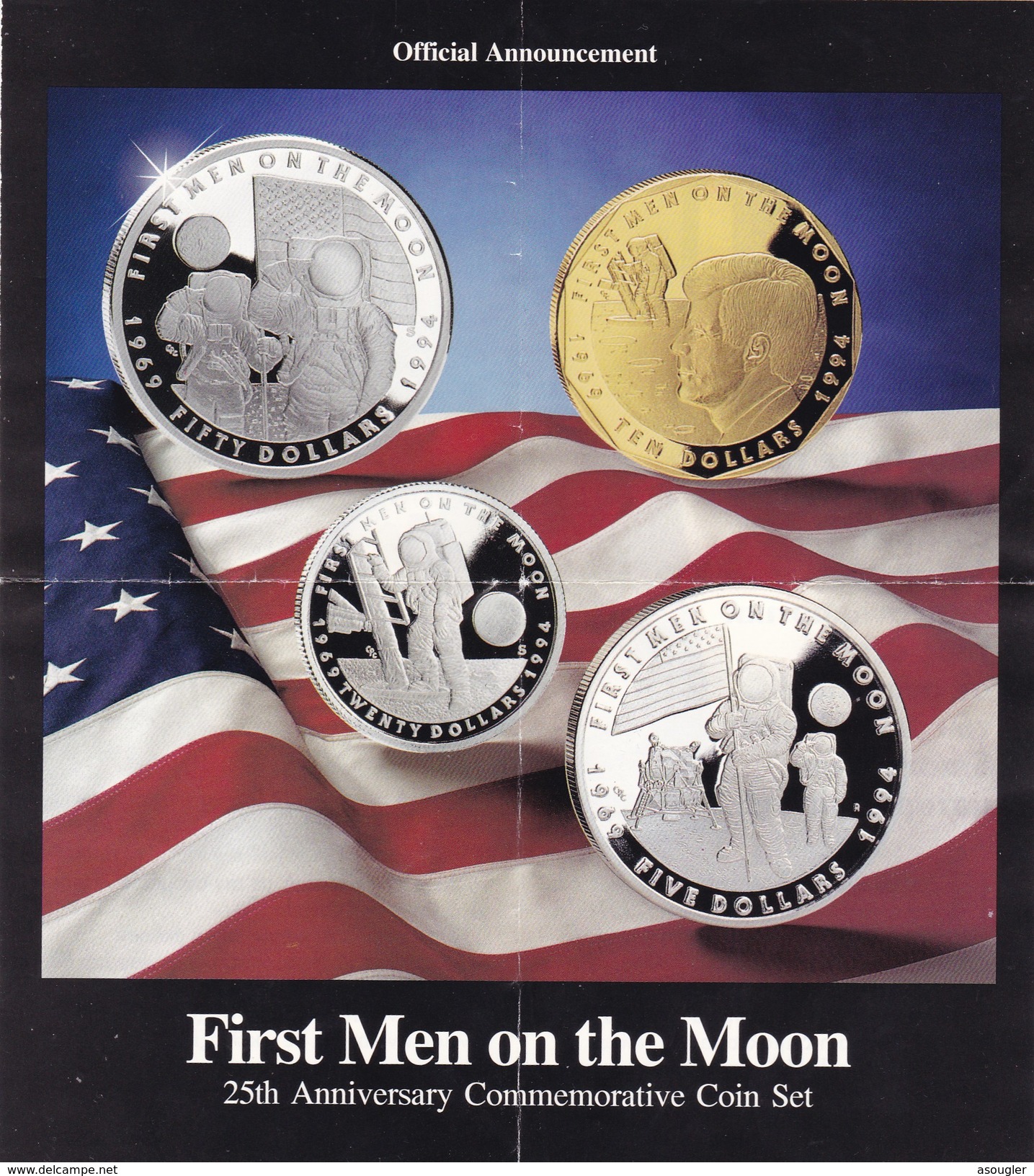Marshall Islands Silver Proof Set 5,10,20,50 Dollars 1994 First Men On The Moon  (free Shipping Via Registered Air Mail) - Marshall Islands