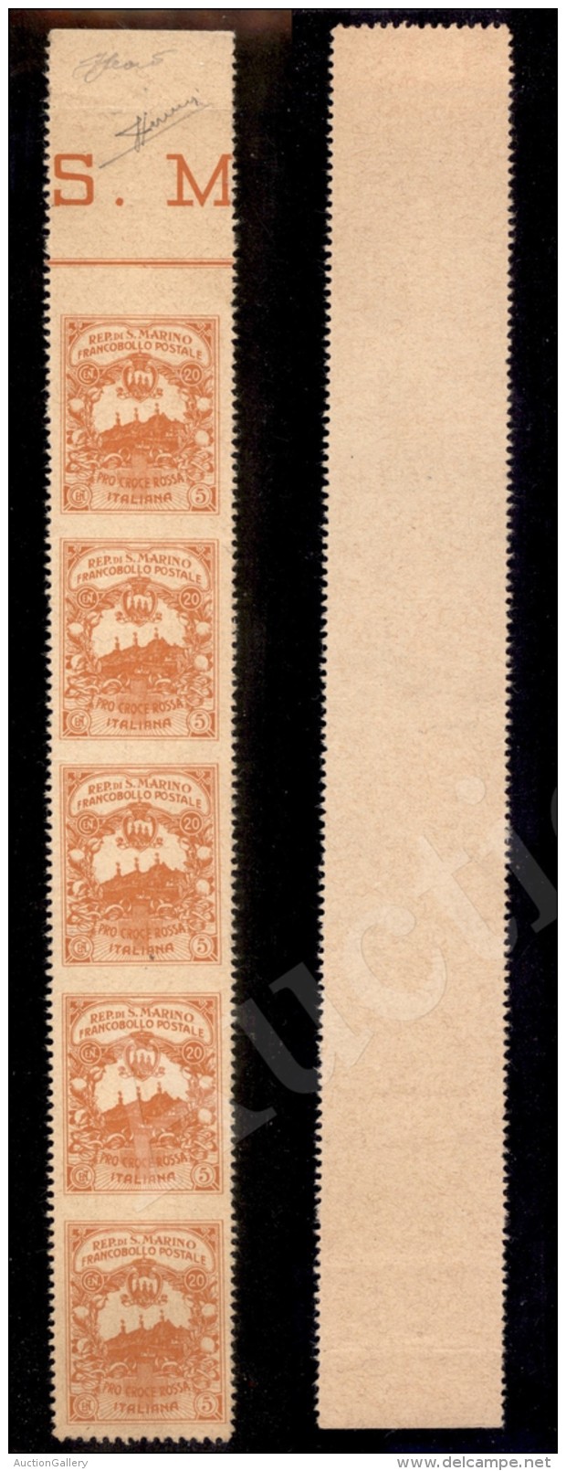 &ensp;1916 - Saggi Croce Rossa - 10 Cent + 5 (CEI 50B) Striscia Verticale Di Cinque Dentellata Orizzontalmente Solo... - Autres & Non Classés