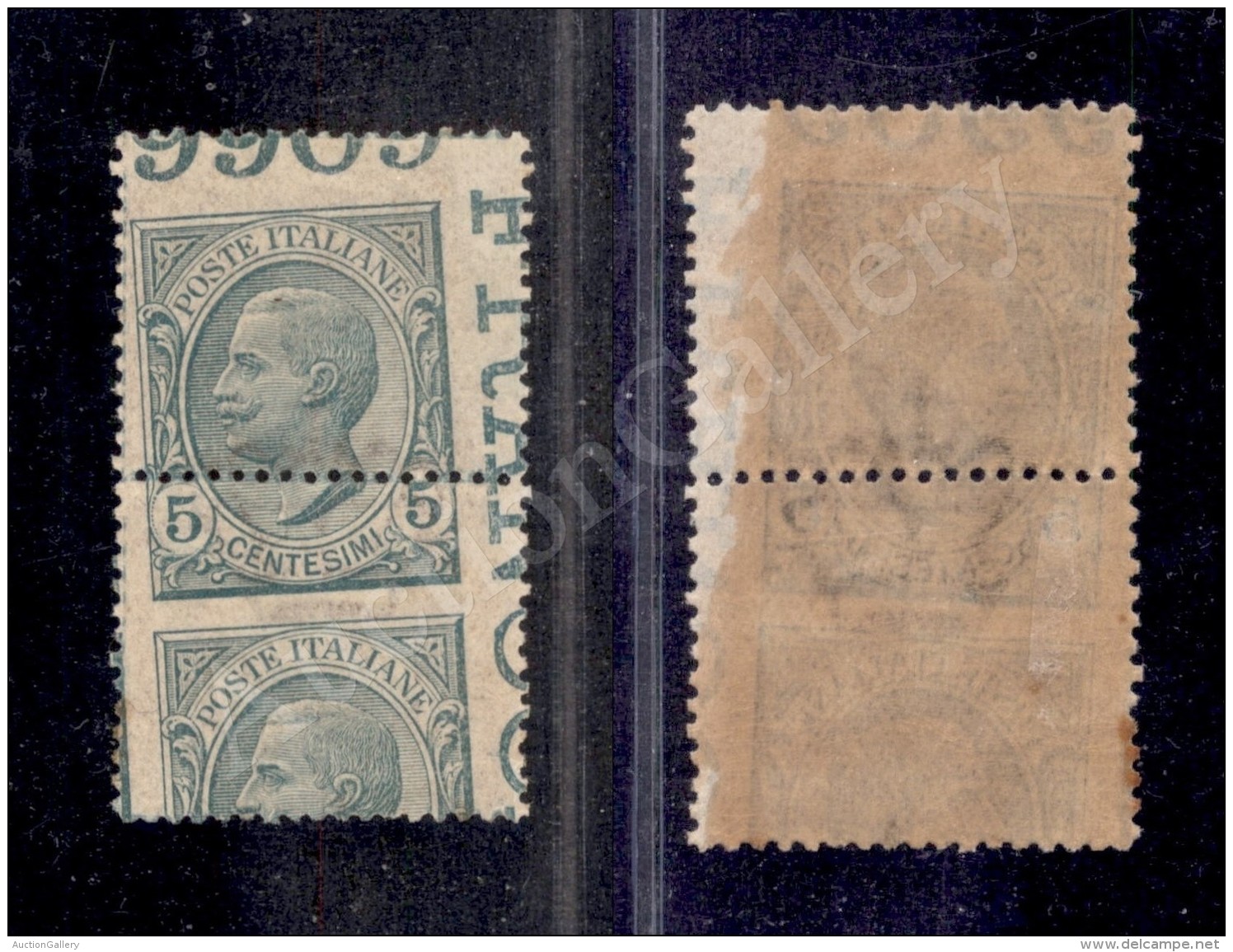 1906 - 5 Cent Leoni (81me) Coppia Con Dentellatura Ruotata E Obliqua - Pezzo Superiore Gomma Integra (750+) - Autres & Non Classés
