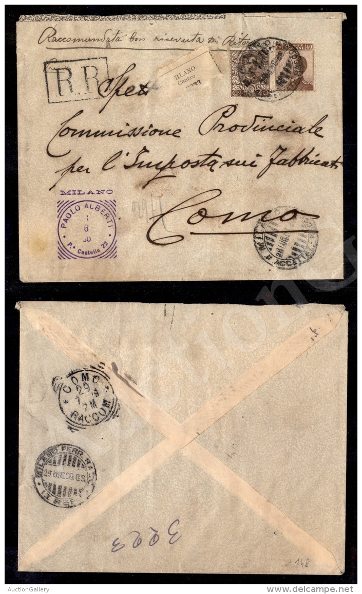 Gemelli - 40 Cent Floreale (74) + 40 Cent Michetti (84) - Raccomandata R.R. Da Milano A Como Del 28.06.1909 - Sonstige & Ohne Zuordnung
