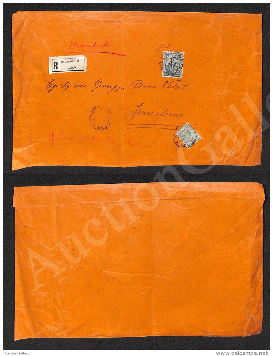 1,75 Lire Filiberto (236) + 5 Cent Leoni (81) Rotto In Angolo - Bustone Raccomandato Da Siracusa Del 5.11.1929 - Autres & Non Classés