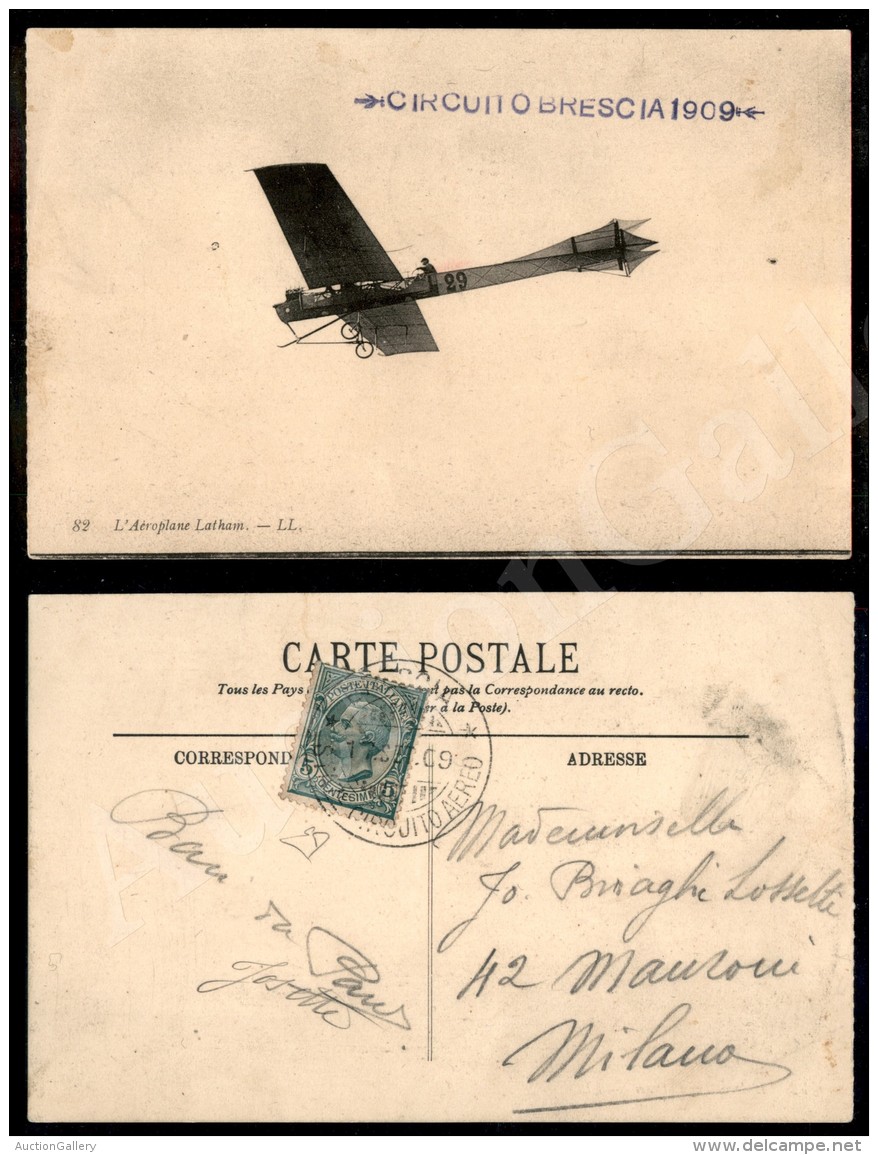1909 - 17 Settembre - Brescia Circuito Aereo - L&rsquo;aeroplano Latham - Cartolina Per Milano - Molto Bella... - Andere & Zonder Classificatie