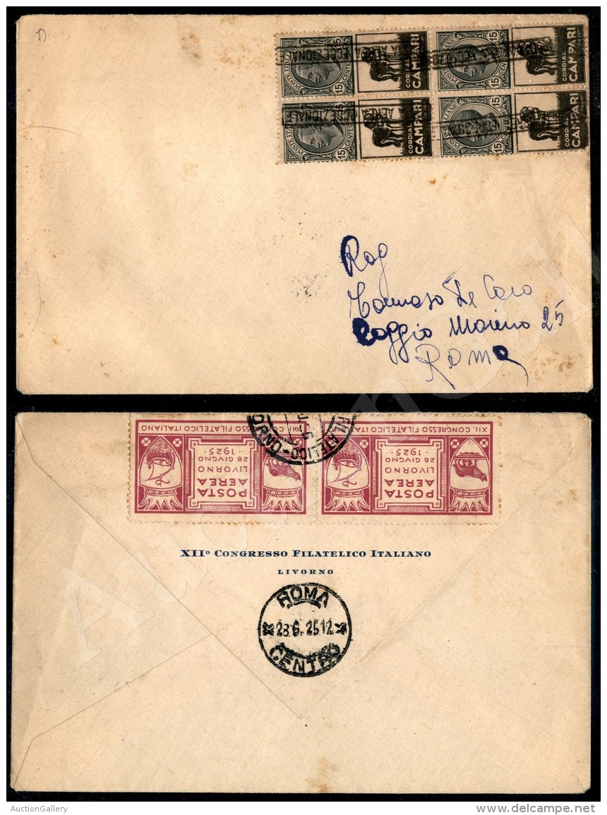 1925 (28 Giugno) - Posta Aerea Eccezionale Livorno - Quartina Del 15 Cent Cordial Campari (3 Pubblicitari) Su... - Autres & Non Classés