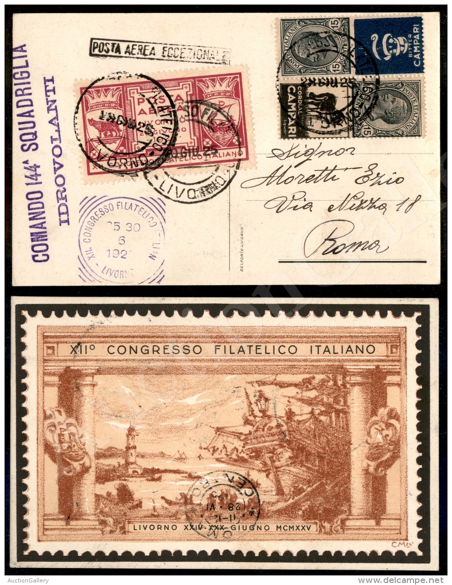 1925 (28 Giugno) - Livorno Roma - Cartolina Speciale Con Vignetta Dal Comando 144 Squadriglia Idrovolanti (1 + 3... - Autres & Non Classés