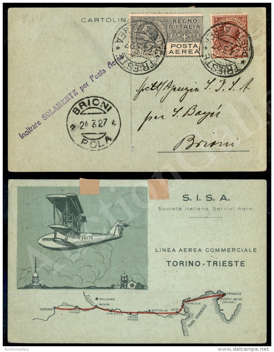 S.I.S.A. Torino Trieste - Cartolina Speciale Del Volo Trieste Brioni Del 24.3.27 - Andere & Zonder Classificatie