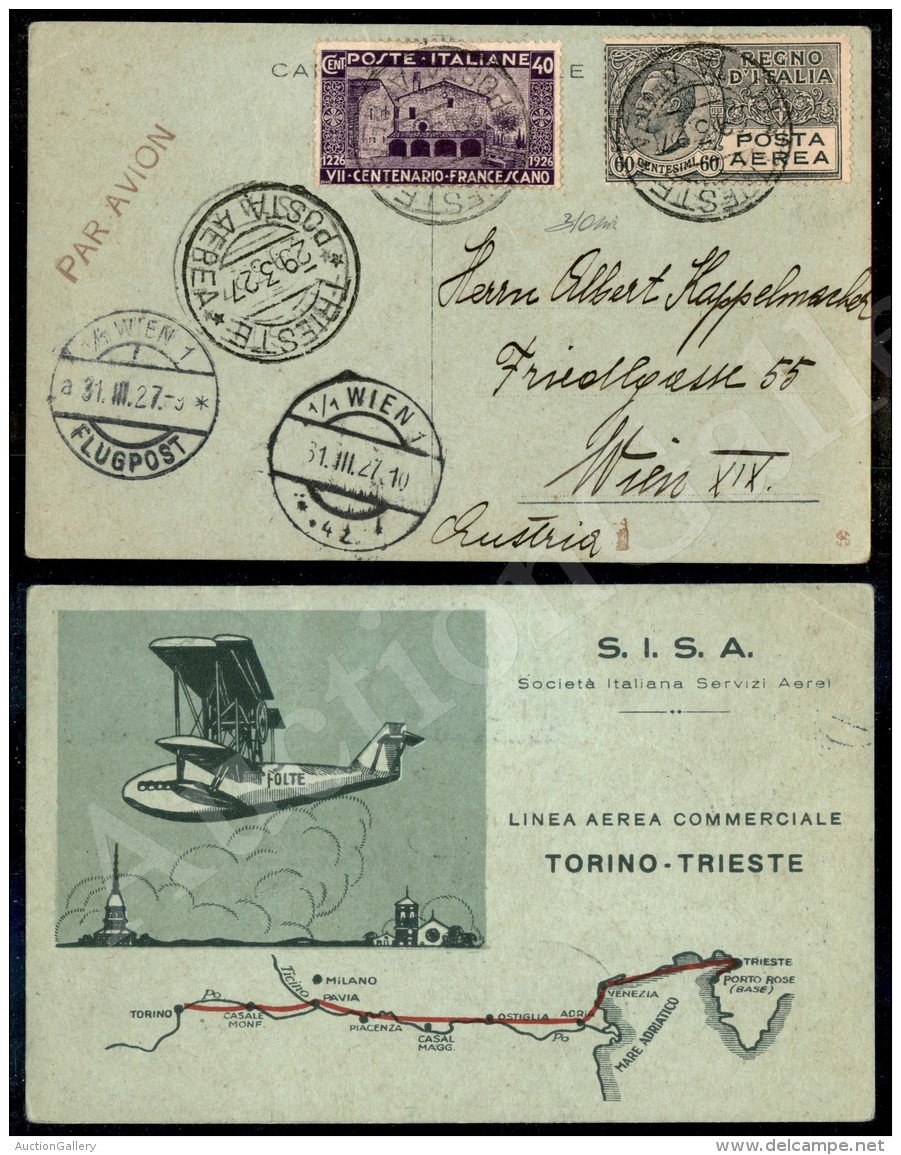 Linea S.I.S.A. Torino Trieste - Cartolina Speciale Del Volo Trieste Vienna Del 29.3.27 - Andere & Zonder Classificatie