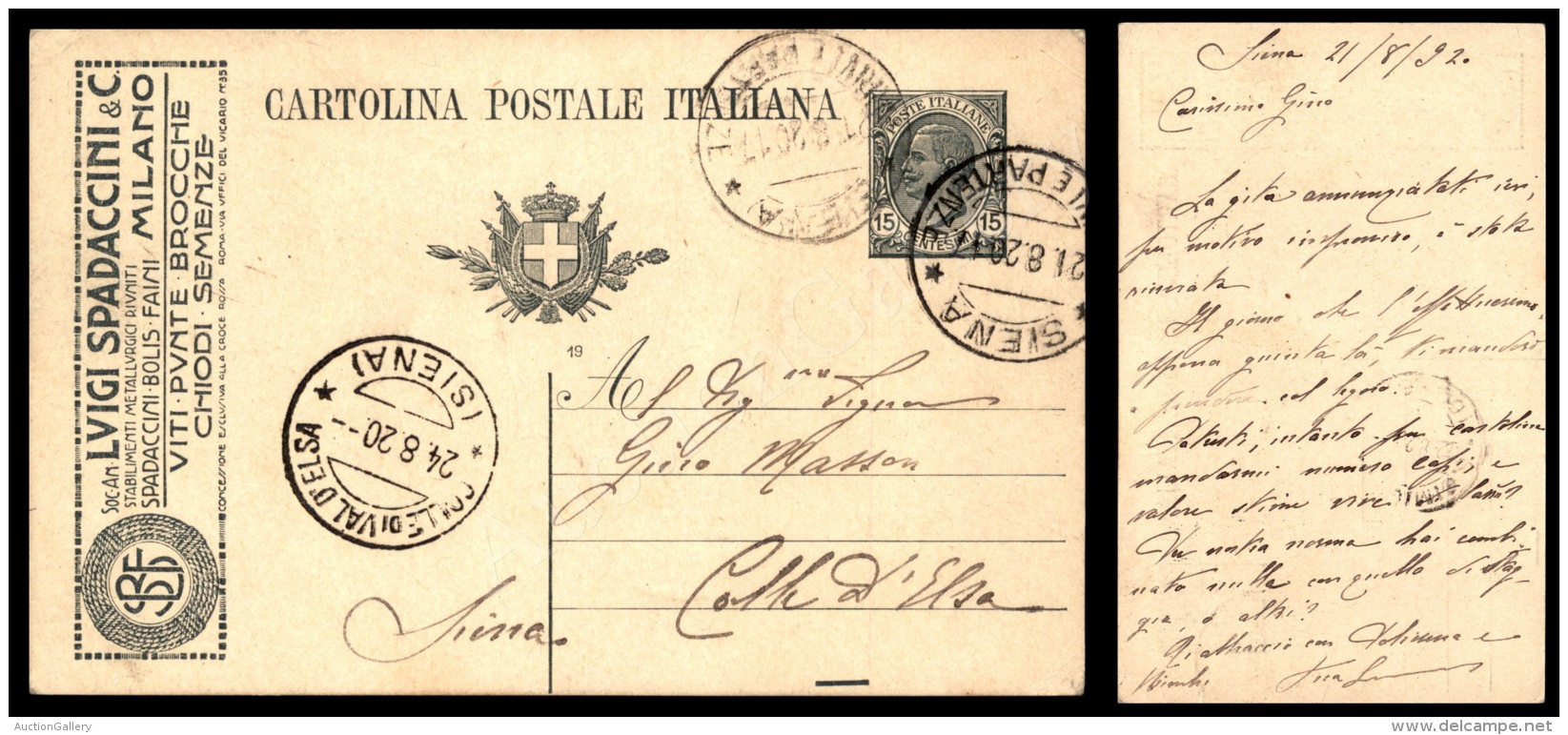 15 Cent Luigi Spadaccini (3/44 - Mill. 19) - Cartolina Postale Da Siena A Colle D&rsquo;Elsa Del 21.8.20 - Other & Unclassified