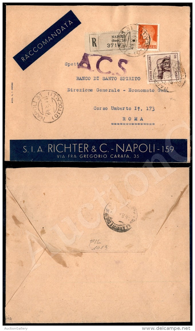 50 Cent (515) In Uso Misto Con 1,75 Lire Imperiale (254) Su Raccomandata Da Napoli A Roma Del 24.8.1944 - Other & Unclassified