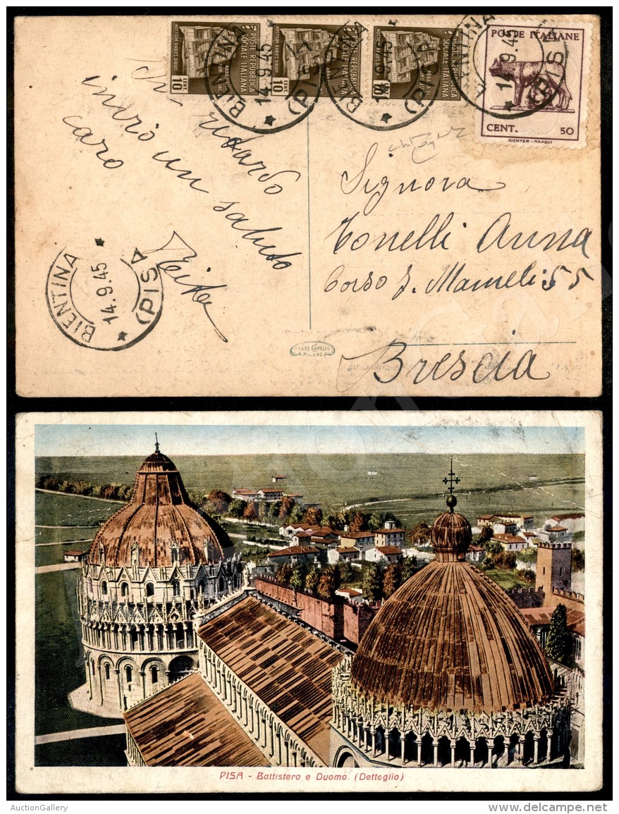 50 Cent (515) In Uso Misto Con RSI (503 Tre) Su Cartolina Da Bientina A Brescia Del 14.9.45 - Raro Insieme - Cert.... - Other & Unclassified