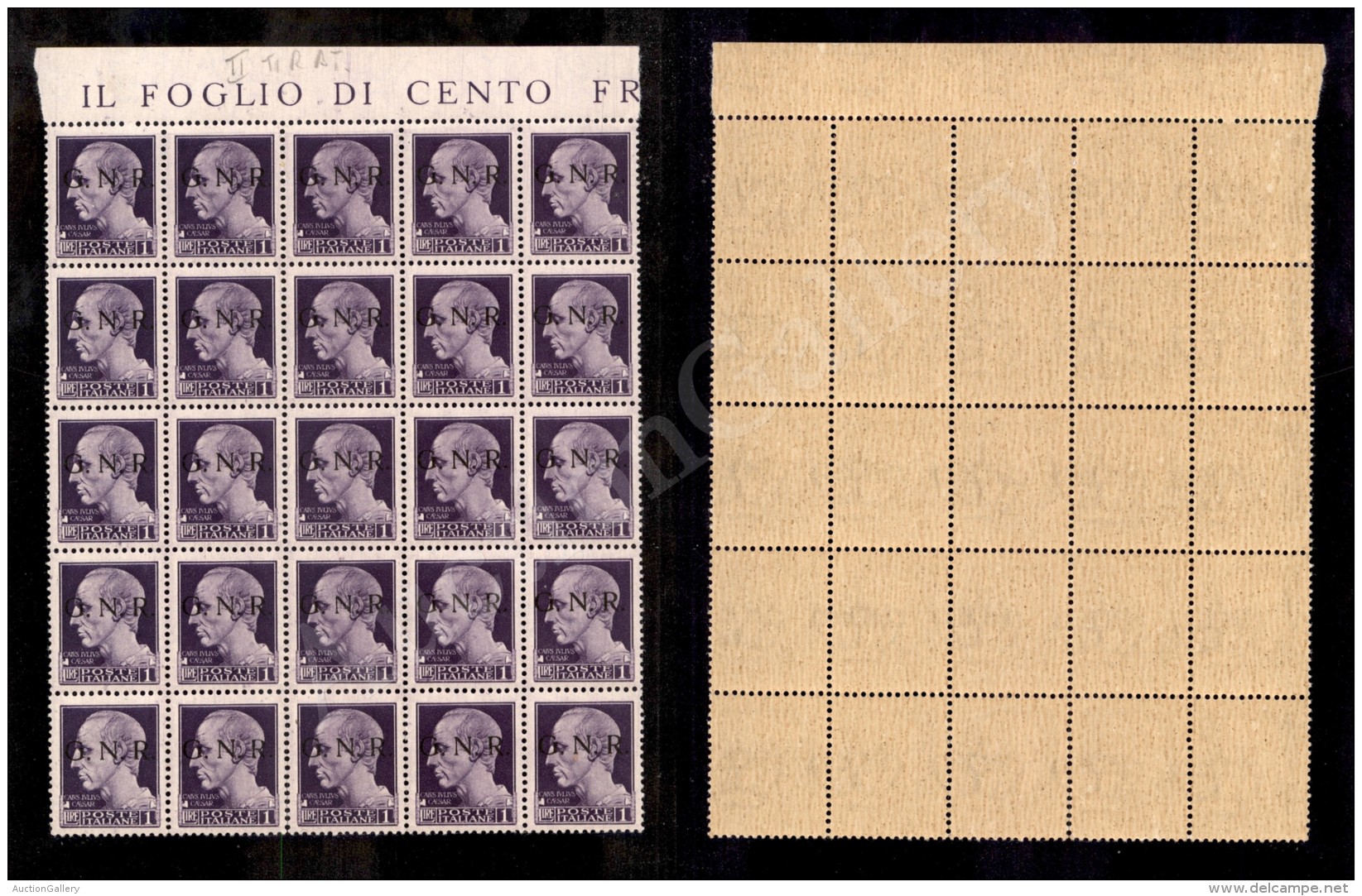 1943 - GNR Brescia - 1 Lira (479/I) - Blocco Di 25 Nuovo Con Gomma Integra - Posizione 1/45 - Molto Bello (1.125+) - Andere & Zonder Classificatie