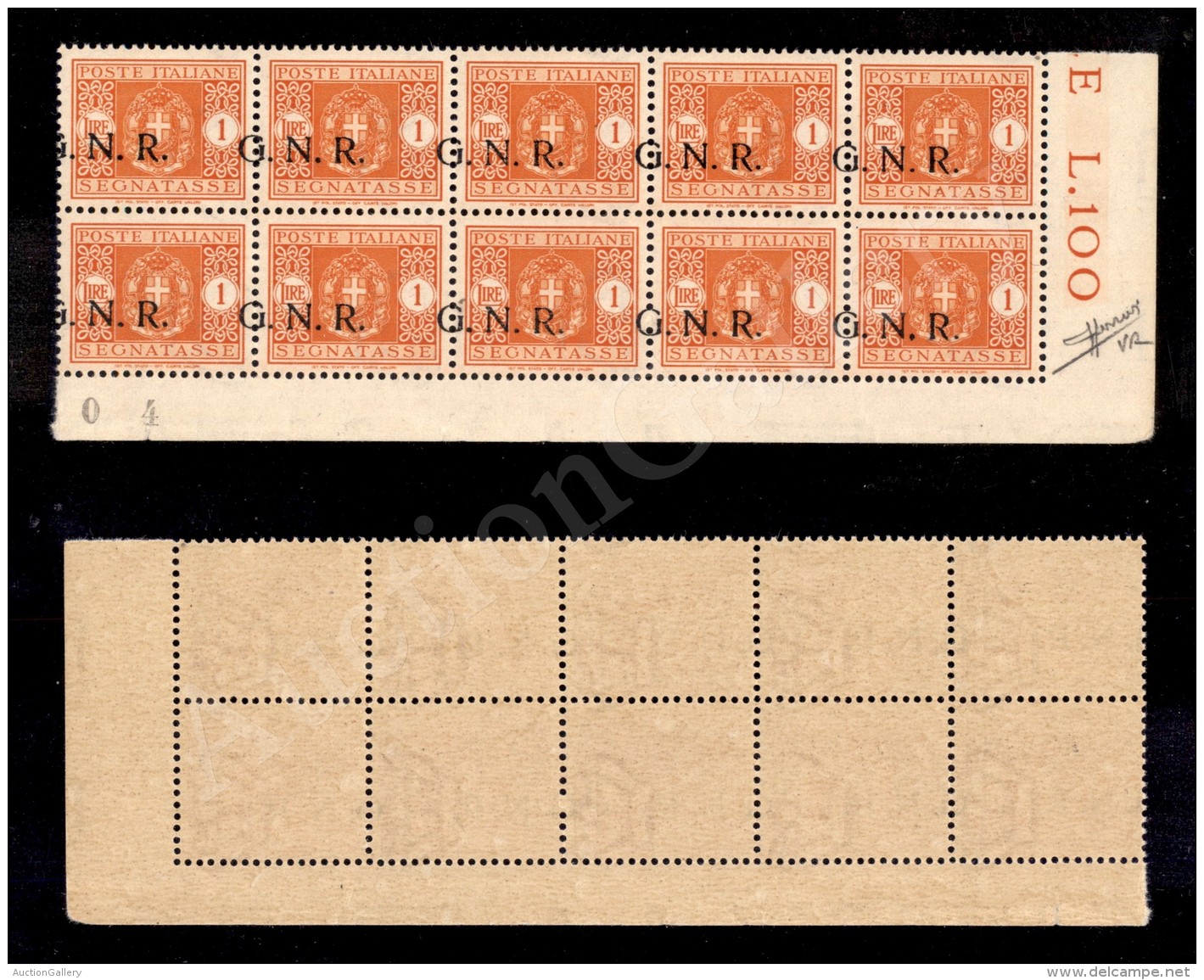 1944 - GNR Verona - 1 Lira (55d - Segnatasse) - Blocco Angolare Di Dieci Nuovo Con Gomma Integra - Soprastampa... - Other & Unclassified