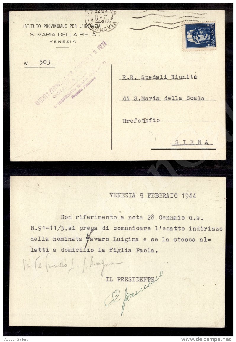 35 Cent Imperiale (250 - Regno) Isolato Su Cartolina Da Venezia A Siena Del 7.2.44 - Autres & Non Classés