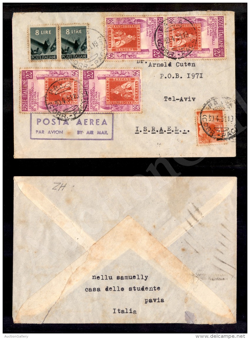 Due Coppie 20 Lire Toscana (653) + Complementari Su Aerogramma Da Pavia A Tel Aviv Del 30.4.51 - Other & Unclassified