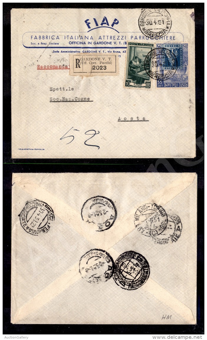 55 Lire Toscana (654) + Complementare Su Raccomandata Da Brescia A Aosta Del 30.4.51 - Other & Unclassified