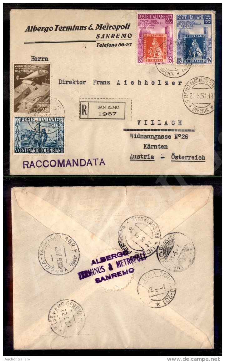 Toscana (653/654) + Fiera Di Milano (657) + Colombo (660) - Raccomandata Da S. Remo A Villach Del 21.5.51 - Other & Unclassified