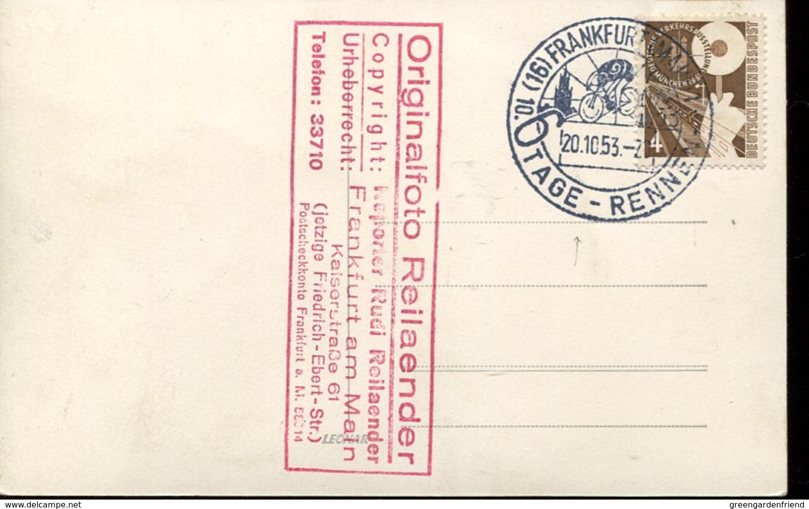 22152 Germany Card With Special Postmark Frankfurt 1953  6 Tage Rennen,  6 Day Cycling Of Germany - Cycling