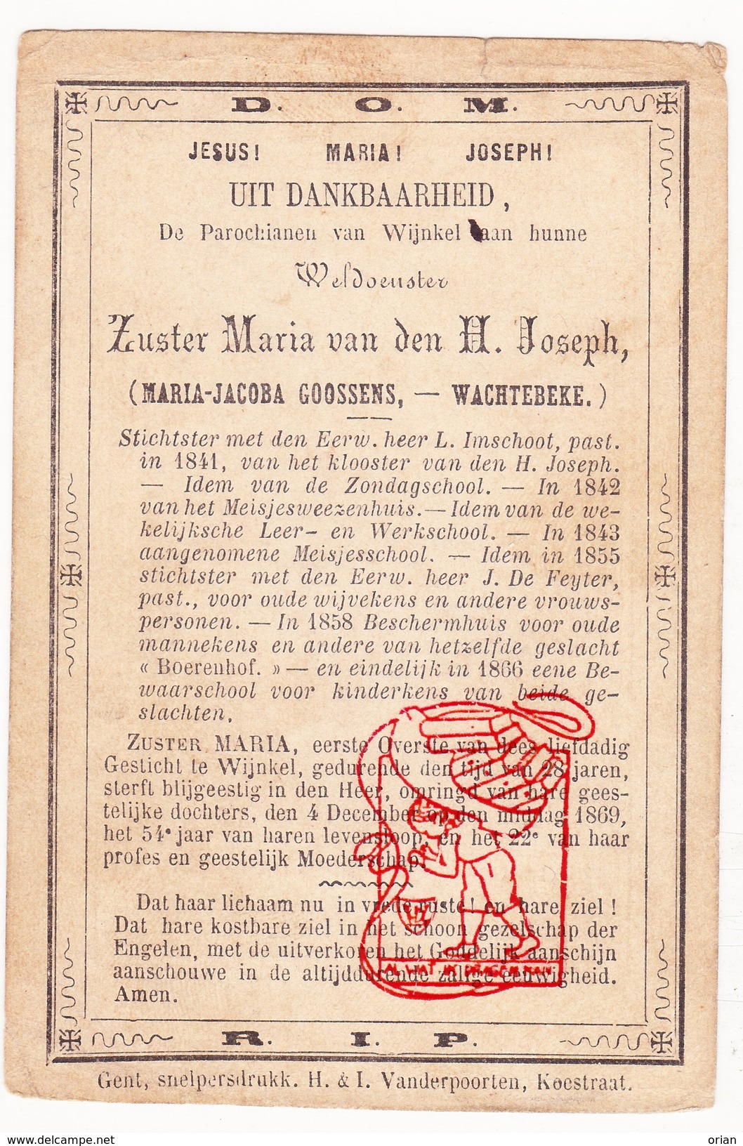 DP Zr. Overste Maria Jacoba Goossens ° Wachtbeke &dagger; 1869 Gesticht Wijnkel Sint-Kruis-Winkel Gent Imschoot De Feyte - Santini