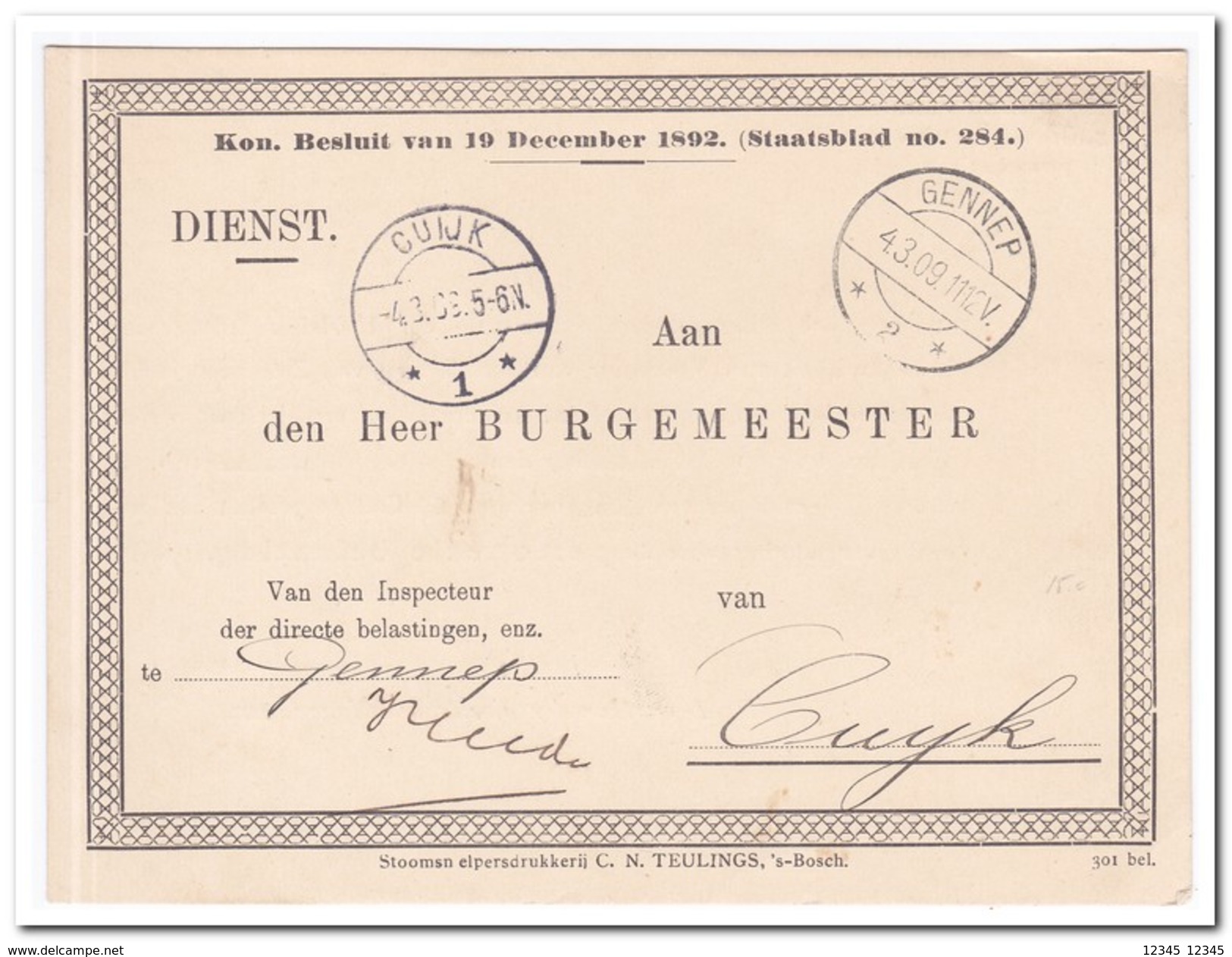 Briefkaart 1909 Van Gennep Naar Cuyk, Vergadering Personeele Belasting - Brieven En Documenten