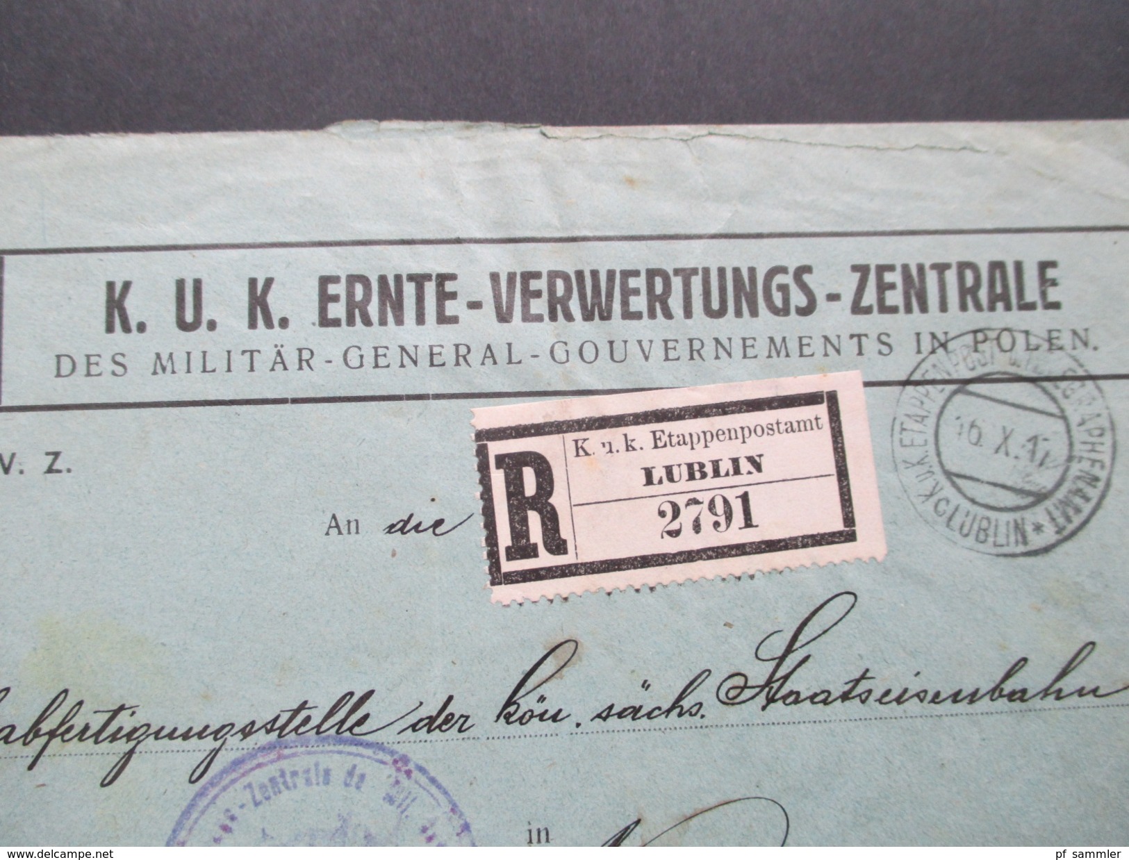 Österreich 1917 K.u.K. Ernte - Verwertungs - Zentrale. Etappenpostamt Lublin 2791. Telegraphenamt. Rekommandirt.Dienst - Briefe U. Dokumente
