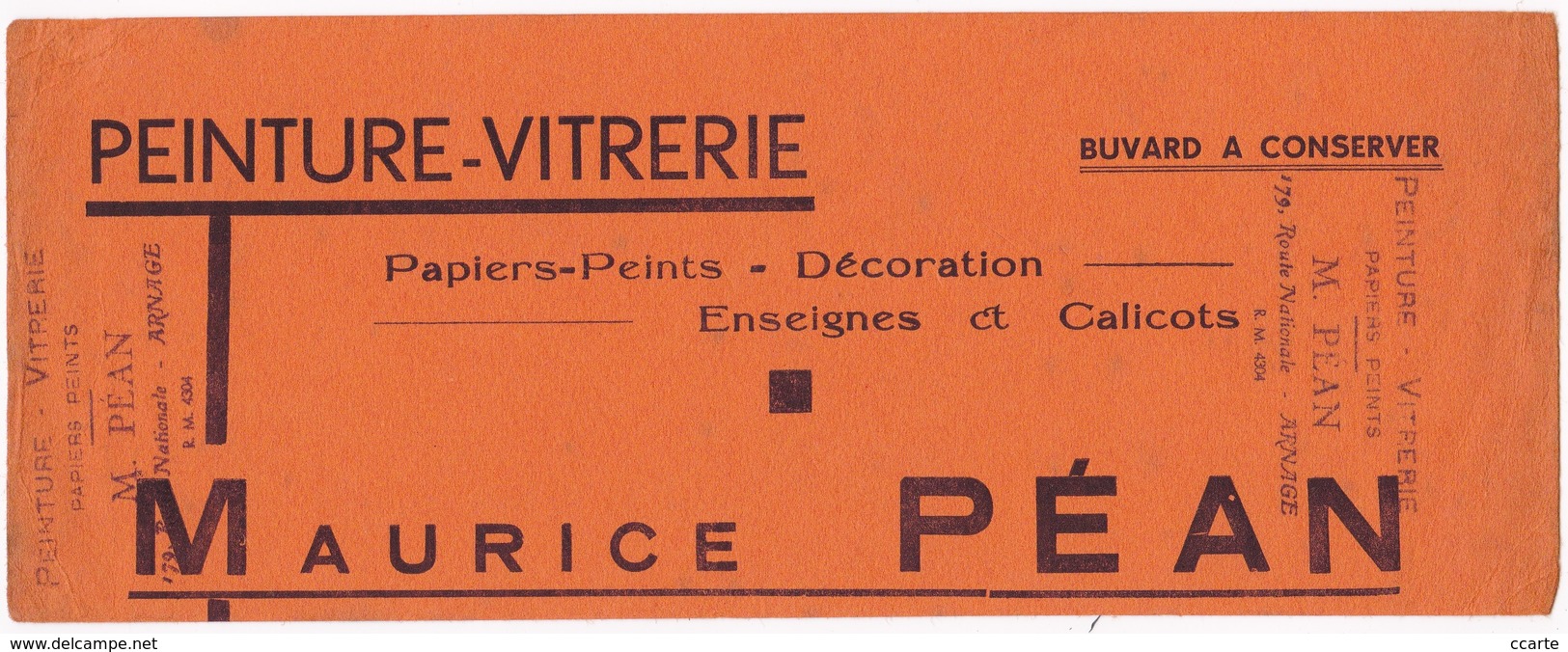 Buvard Publicitaire Peinture-Vitrerie "Maurice PEAN" 179, Rue Nationale ARNAGE (72) - Paints