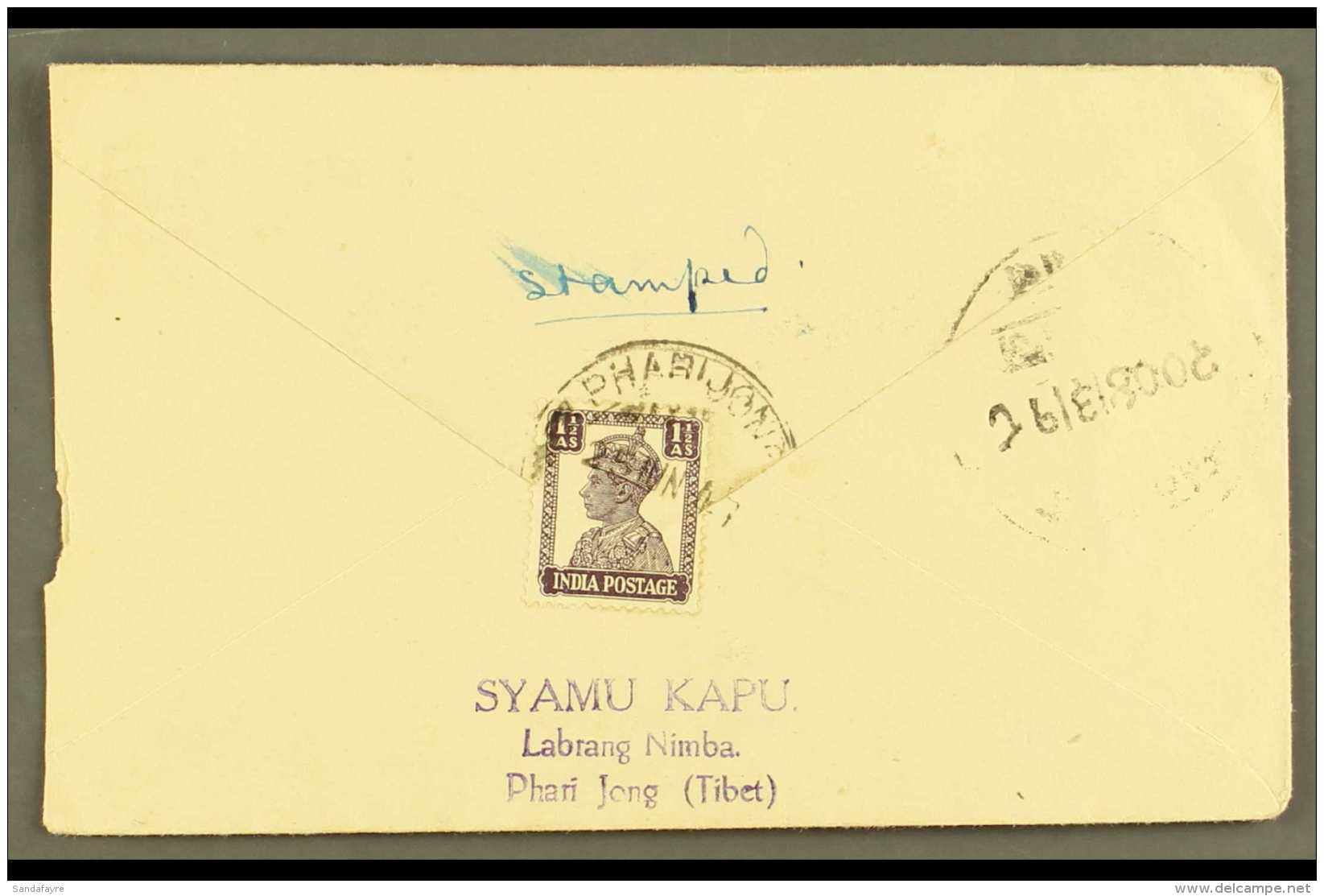 USED IN TIBET 1947 (25th June) Envelope To Katmandu Nepal From Phaijong Tibet, Flap Bearing 1940-43 1&frac12;a... - Autres & Non Classés