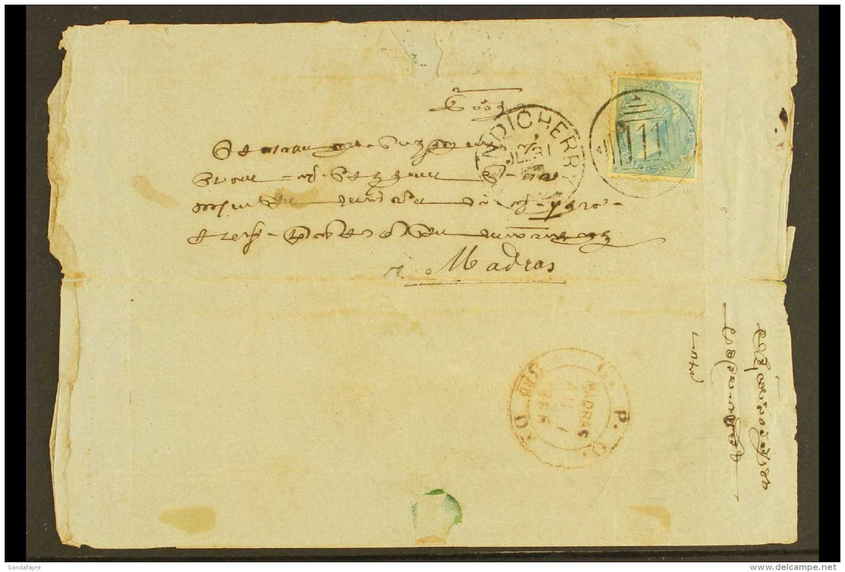 FRENCH INDIA 1886 NATIVE E/L To Madras With &frac12;a Tied By "PONDICHERRY" Cds &amp; "I I I" Numeral Cancel.... - Autres & Non Classés