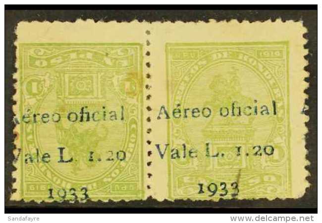 1933 OFFICIAL AIR 1.20L On 1p Yellow- Green (Statue) TETE-BECHE PAIR, Mint With Several Small Faults Incl Short... - Honduras