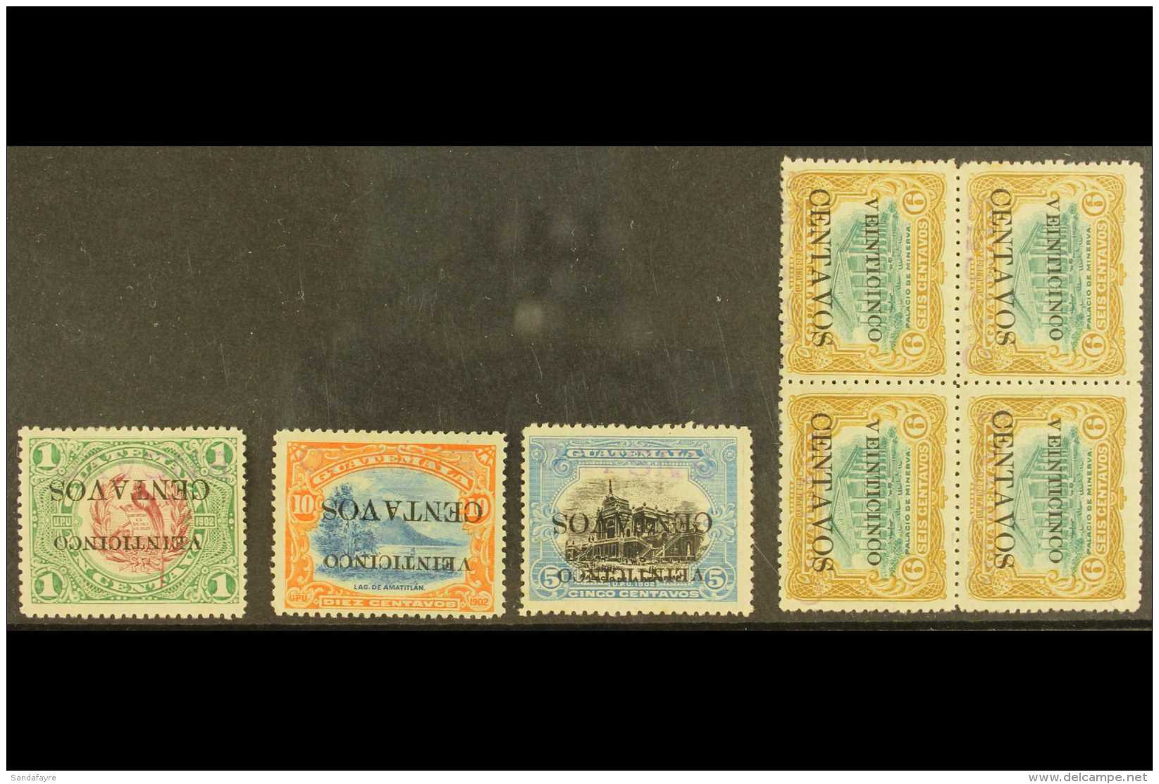 1916 OVERPRINT ESSAYS. 25c On 1c, 25c On 5c &amp; 25c On 10c, Plus 25c On 6c Block Of 4, All With INVERTED... - Guatemala