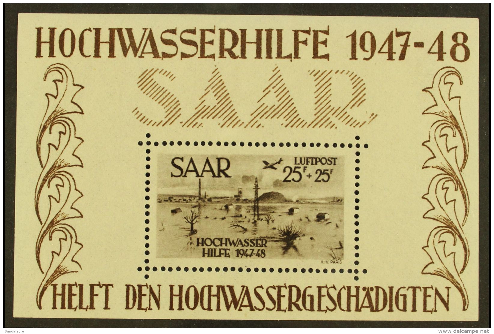 1948 Air 25f + 25f Flood Relief Small Miniature Sheet, Michel Block 2 (SG MS256a, Cat &pound;700), Lightly Hinged... - Andere & Zonder Classificatie