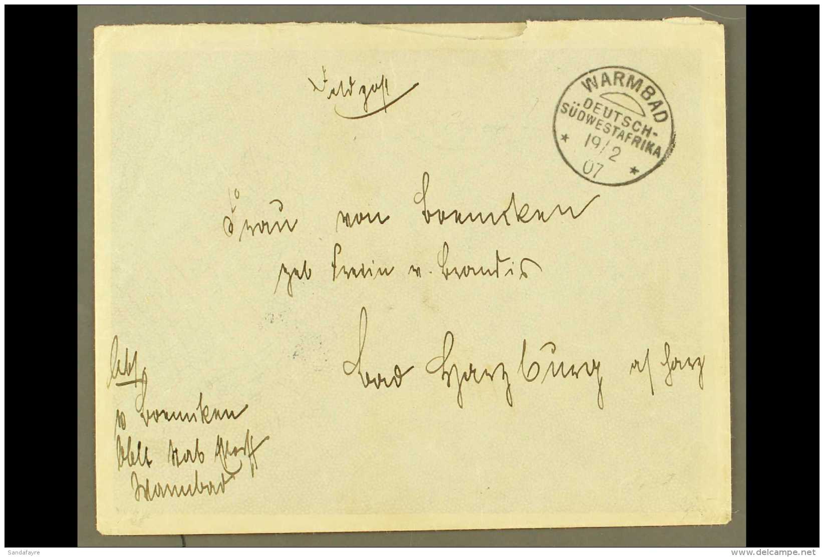 SOUTH WEST AFRICA 1907 (19 Feb) Stampless Feldpost Cover Addressed To Germany, Bearing "Warmbad" Cds, Plus Arrival... - Andere & Zonder Classificatie