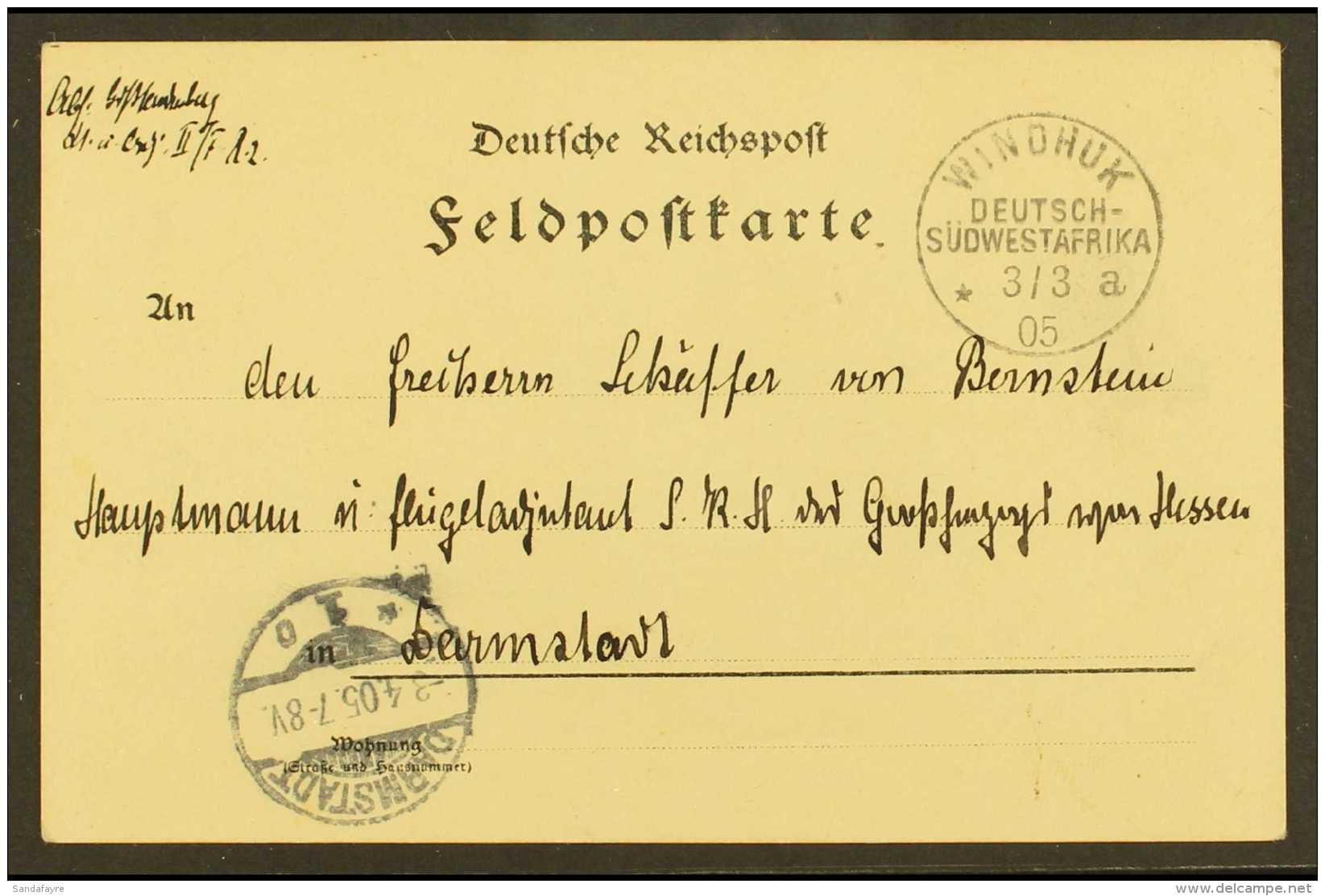 SOUTH WEST AFRICA 1905 (3 March) Stampless Printed Feldpost Card Addressed To Germany, Bearing "Windhuk" Cds, Plus... - Autres & Non Classés