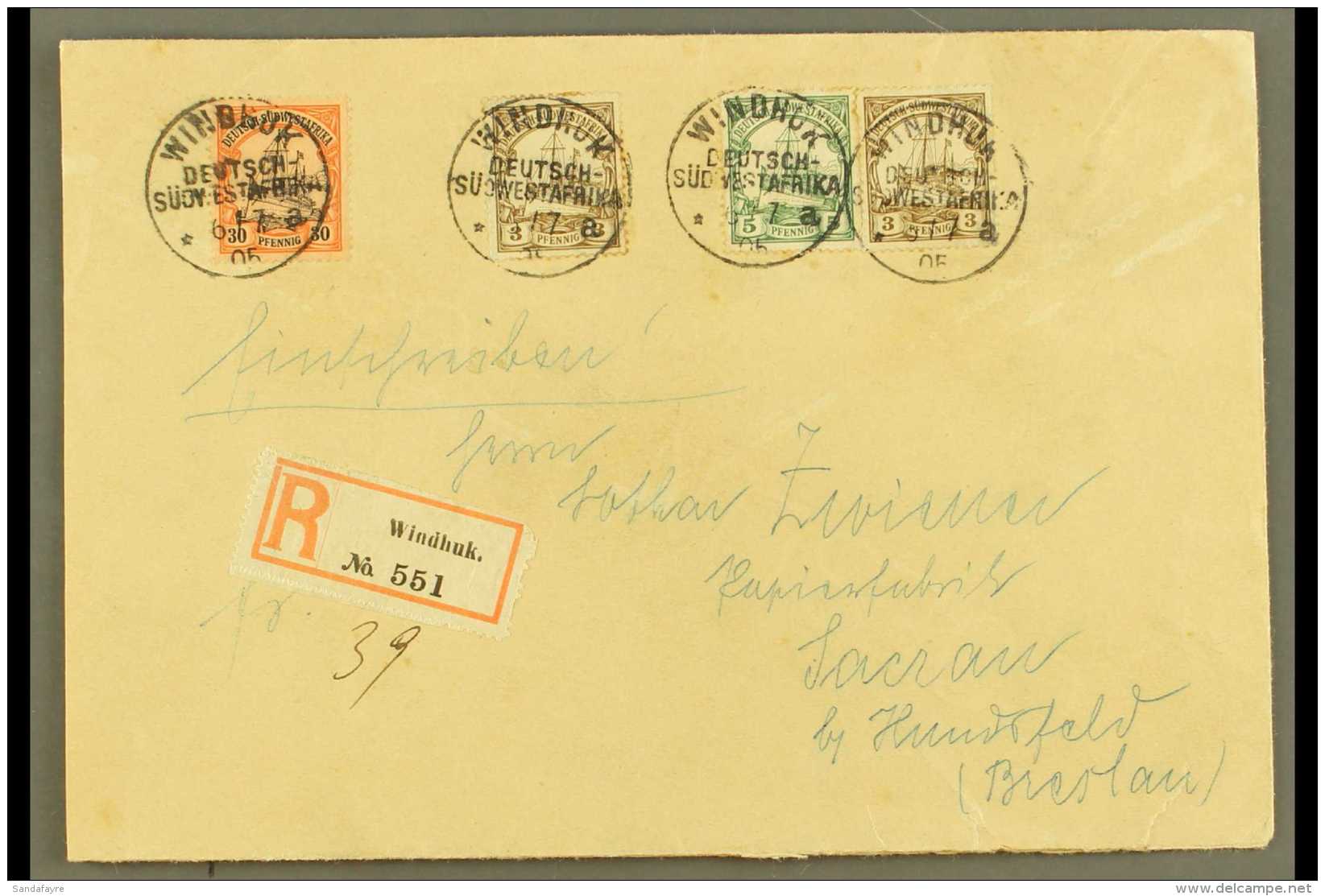 SOUTH WEST AFRICA 1905 (6 July) Registered Cover Addressed To Germany, Bearing 1901 3pf (x2), 5pf &amp; 30pf... - Autres & Non Classés
