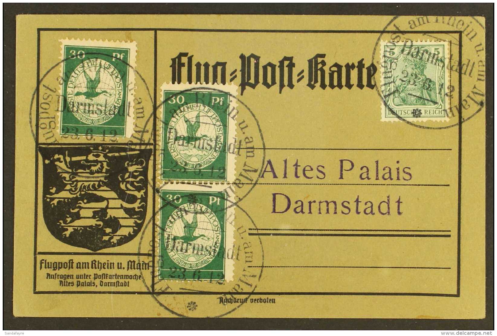 SEMI-OFFICIAL AIRMAIL 1912 (23 June) Special Card Bearing 5pf Germania And 30pf (x3) 'Rheim Und Main' Local... - Autres & Non Classés