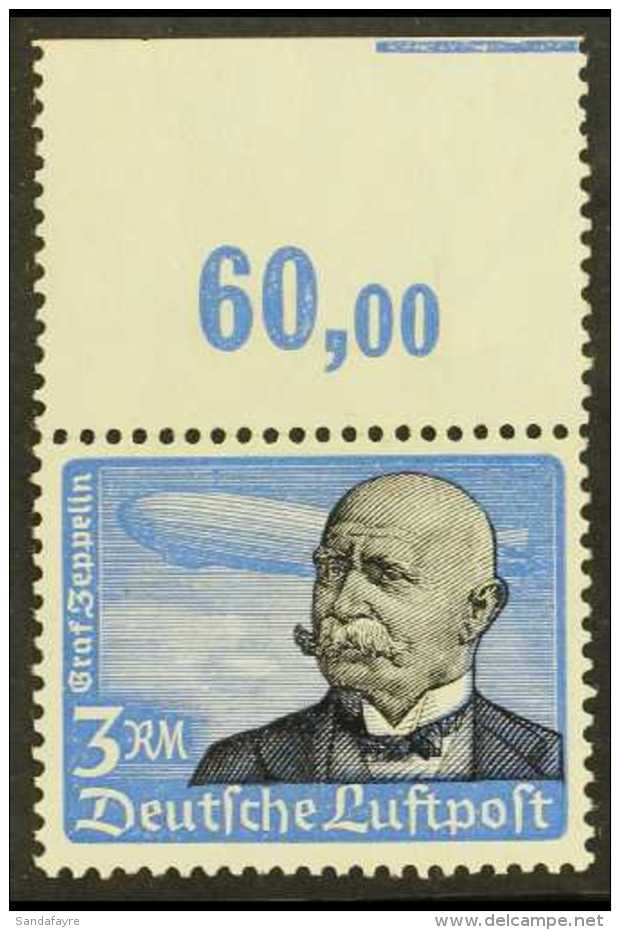 1934 3rm Blue And Black "Hindenburg And Zeppelin" Air, Michel 539x, Never Hinged Mint Top Marginal, SCHLEGEL BPP.... - Autres & Non Classés