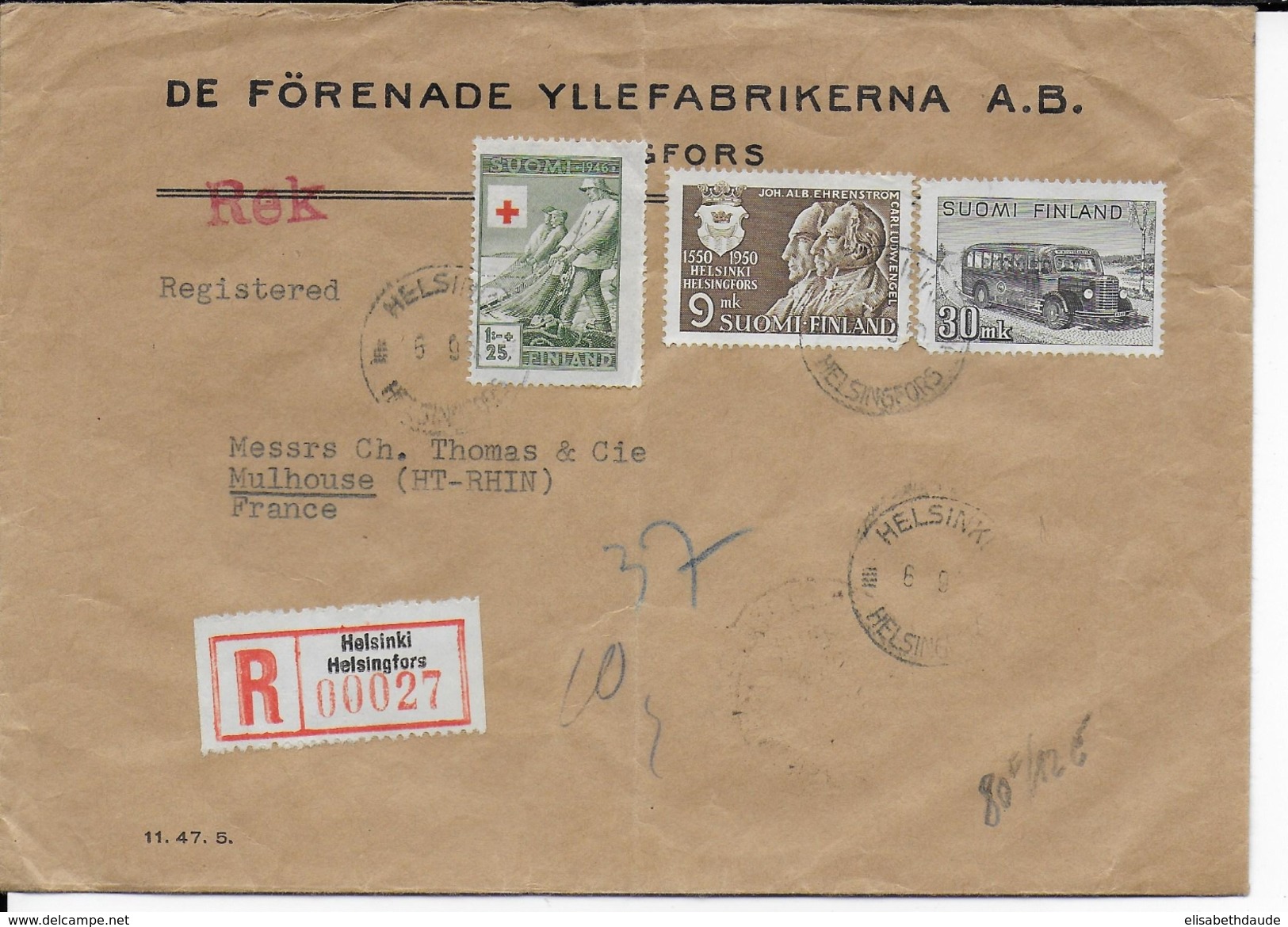 FINLANDE - 1950 - ENVELOPPE RECOMMANDEE De HELSINKI => MULHOUSE - Lettres & Documents