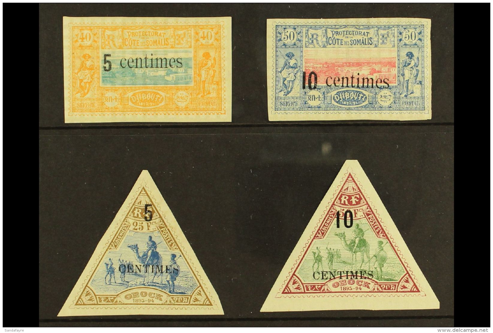 SOMALI COAST 1902 Fine Mint Group With 5c On 40c And 10c On 50c, Yvert 28/29, Plus Triangular 5c On 15c And 10c On... - Andere & Zonder Classificatie